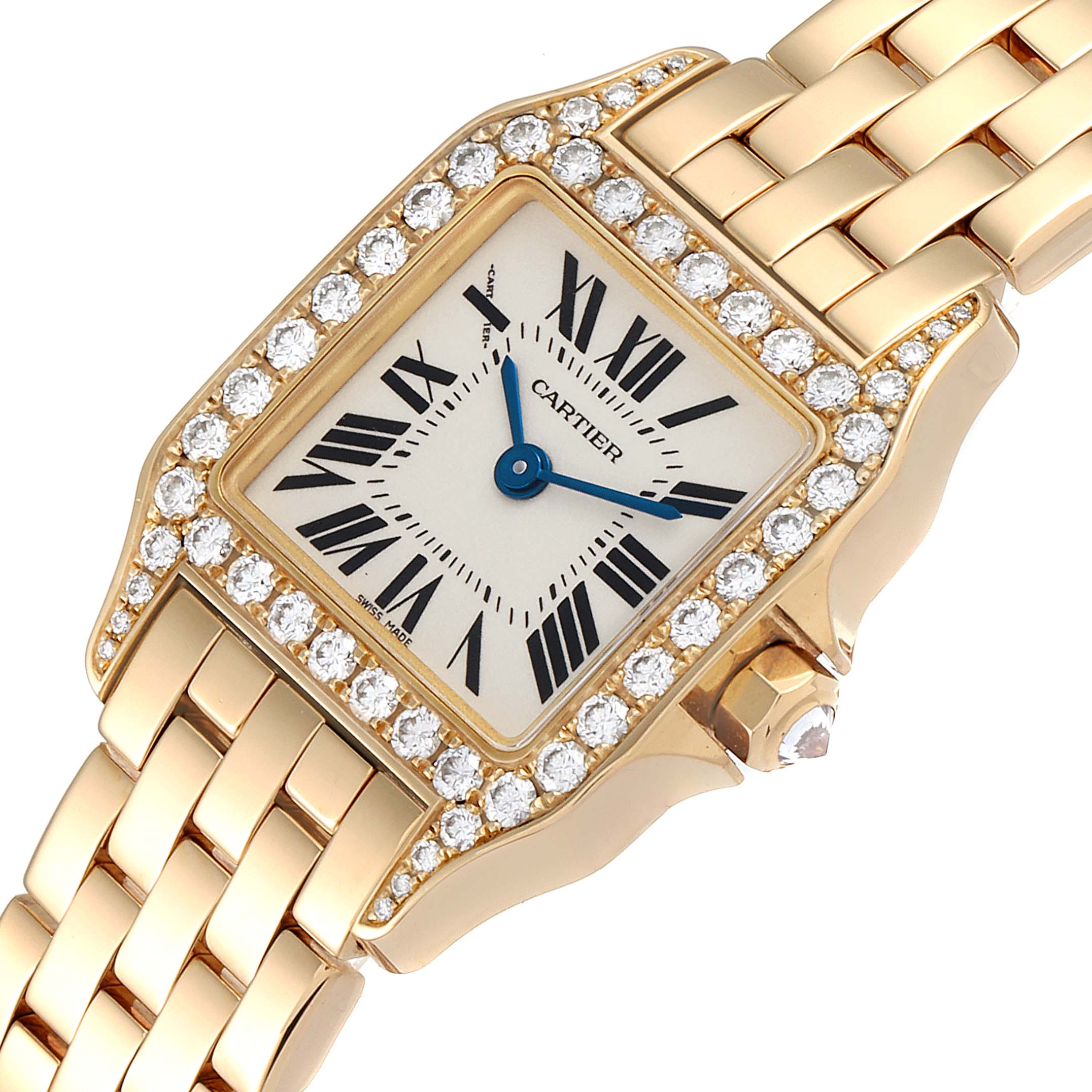 The image shows a close-up view of the Cartier Santos Demoiselle WF9001Y7 Women
s Yellow Gold Silver Dial WF9001Y7 Women
s Yellow Gold Silver Dial watch face and part of the gold bracelet.