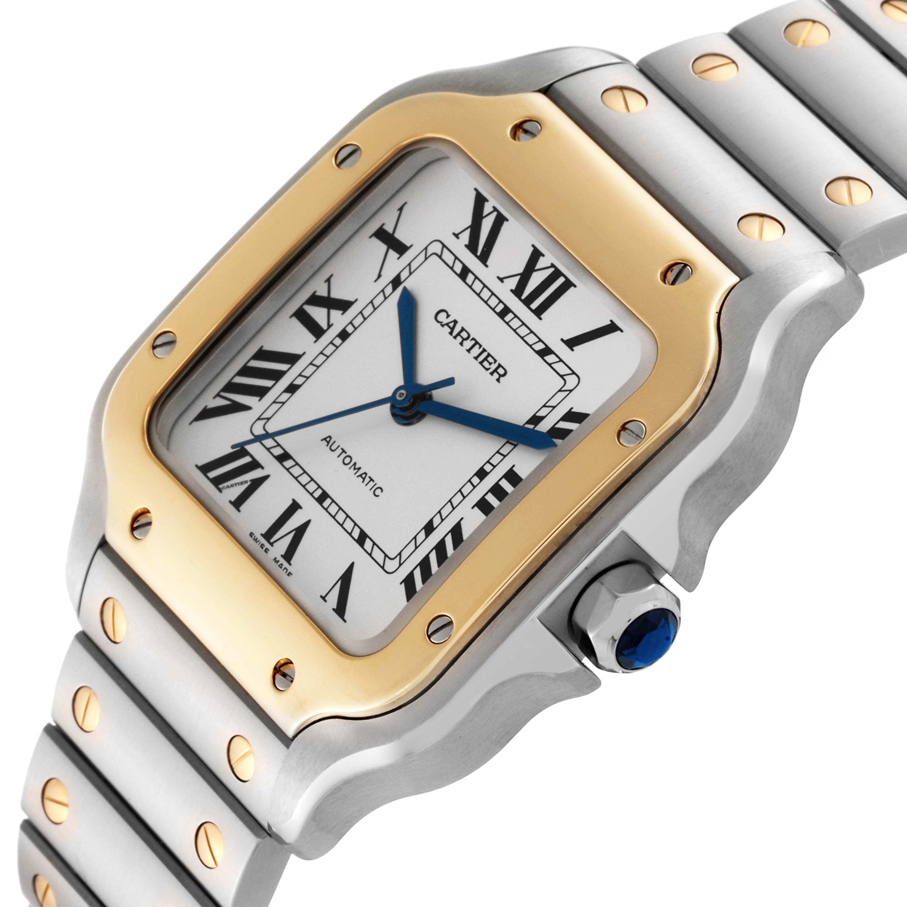 This image shows a close-up of the dial, bezel, and bracelet of the Santos model by Cartier.