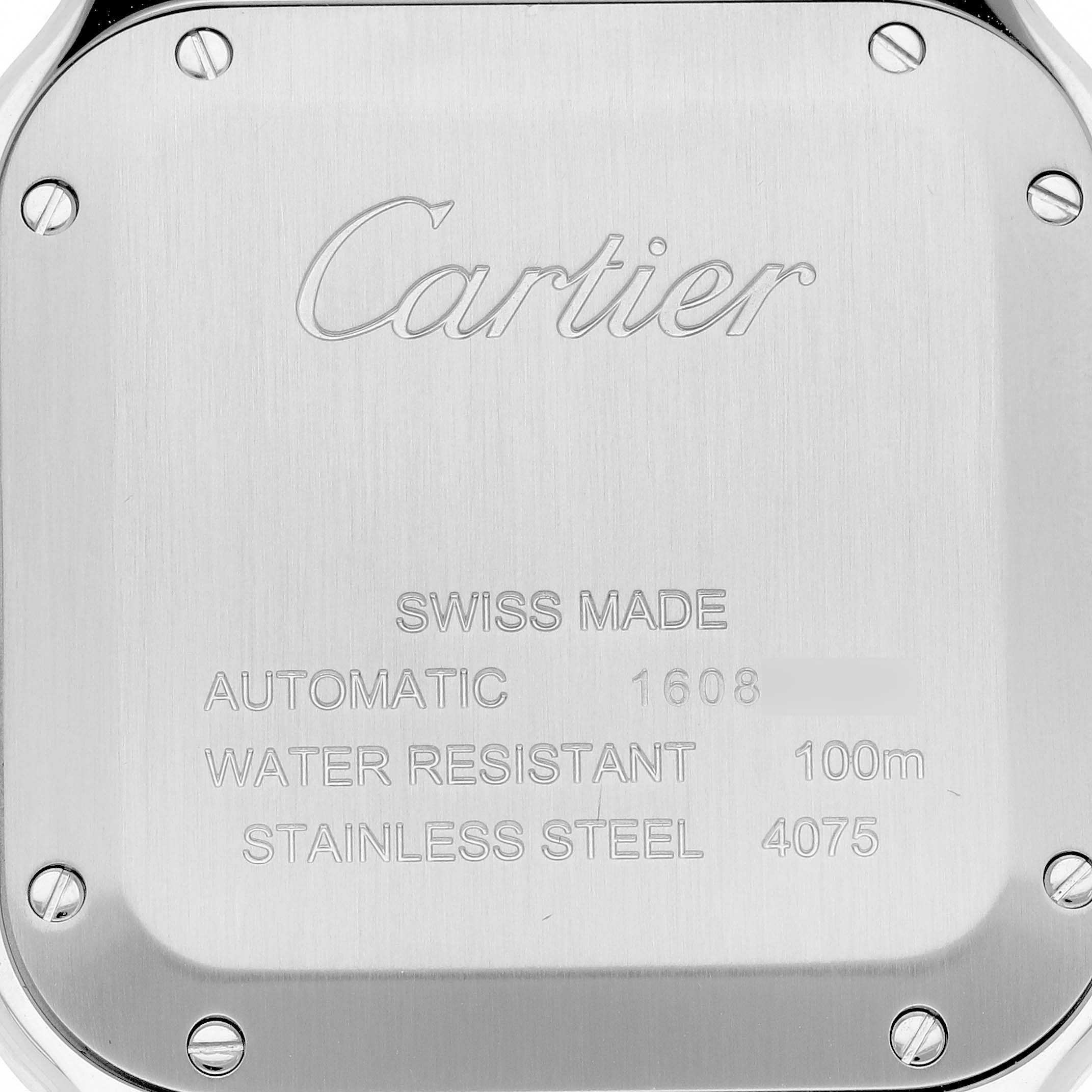 This image shows the back of the Cartier Santos W2SA0016 Men
s Steel and Gold (two tone) Silver Dial W2SA0016 Men
s Steel and Gold (two tone) Silver Dial watch, highlighting the engraved details including "Cartier," Swiss Made, water resistance, and stainless steel.