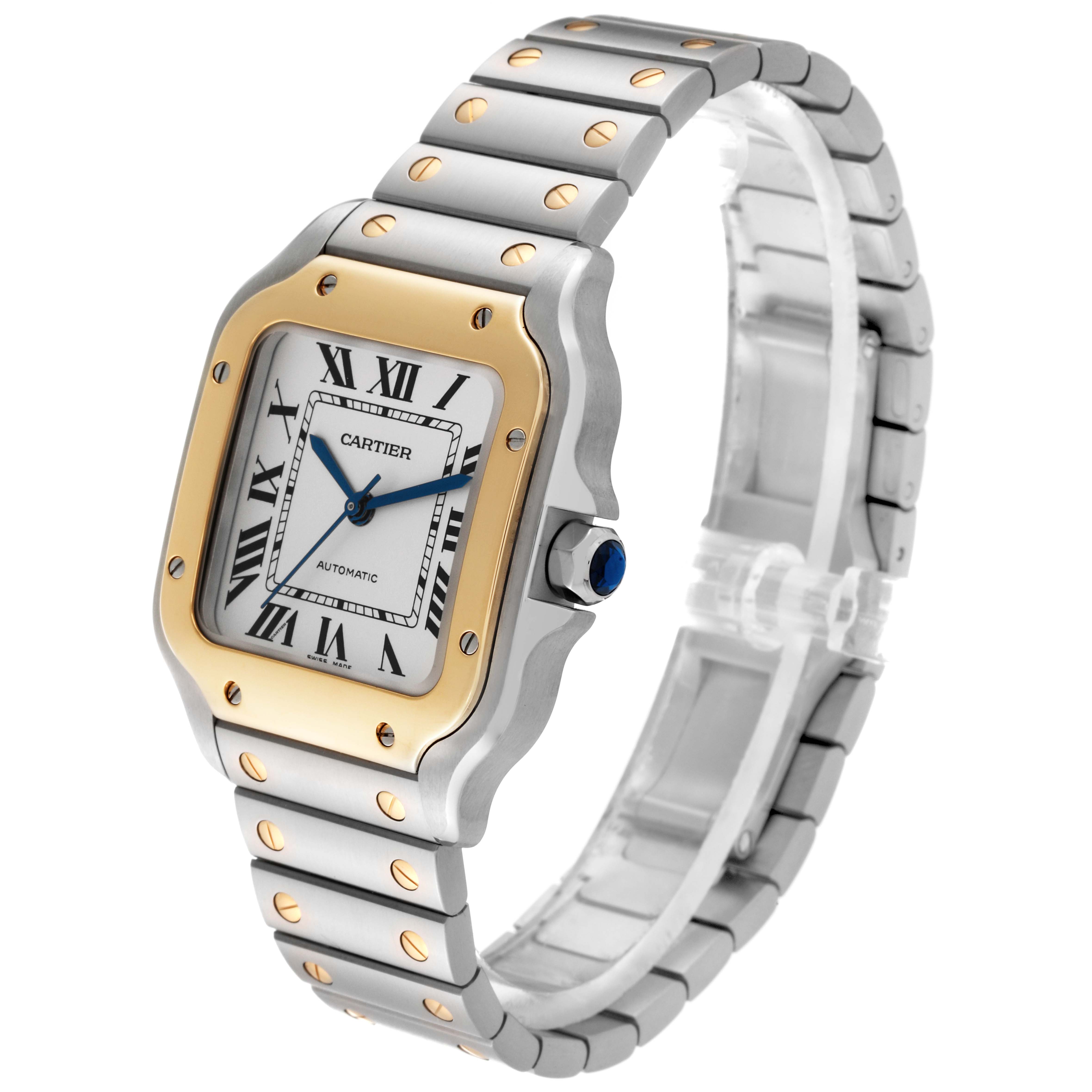 This image shows an angled view of the Cartier Santos W2SA0016 Men
s Steel and Gold (two tone) Silver Dial W2SA0016 Men
s Steel and Gold (two tone) Silver Dial watch, highlighting its dial, bezel, crown, and bracelet.