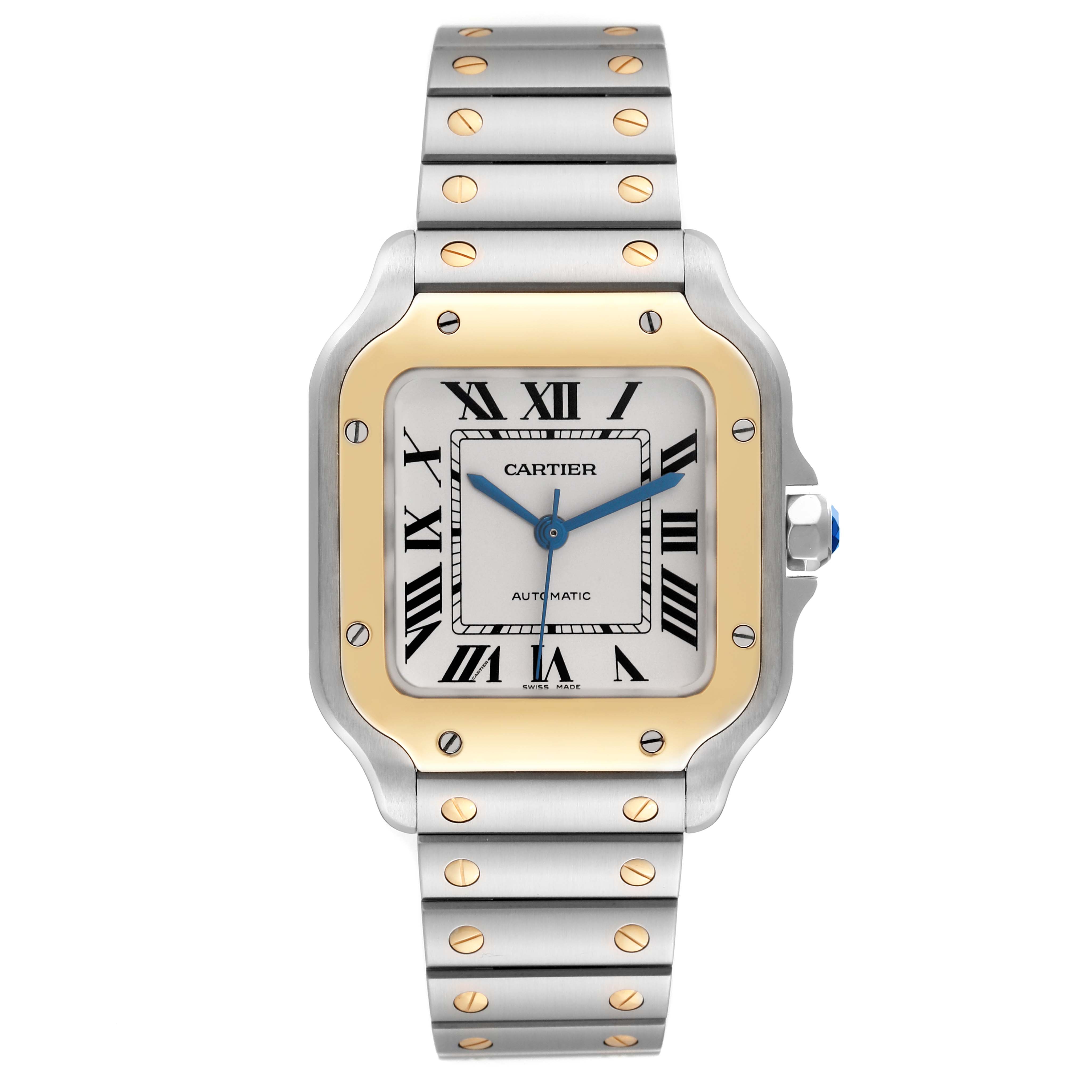 The Cartier Santos W2SA0016 Men
s Steel and Gold (two tone) Silver Dial W2SA0016 Men
s Steel and Gold (two tone) Silver Dial model is shown from a front angle, highlighting the face, dial, bracelet, and bezel.