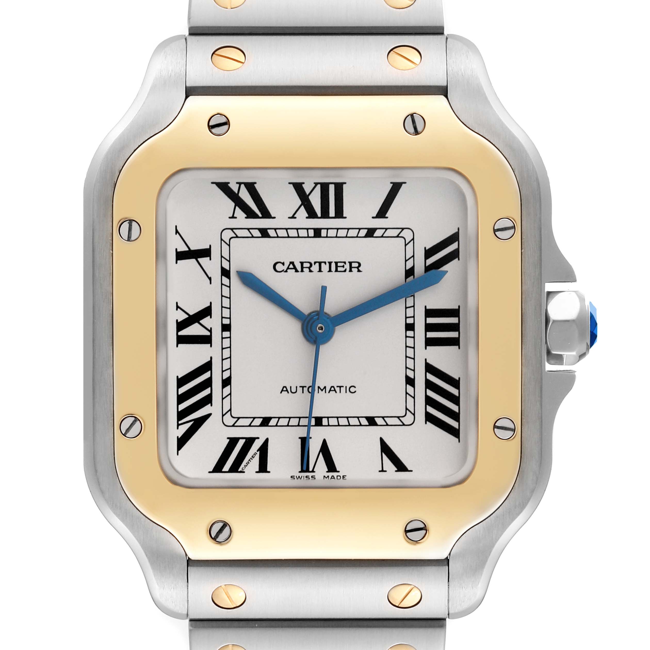 This image shows a front view of the Cartier Santos W2SA0016 Men
s Steel and Gold (two tone) Silver Dial W2SA0016 Men
s Steel and Gold (two tone) Silver Dial watch, highlighting its square face, Roman numerals, and metal bracelet.