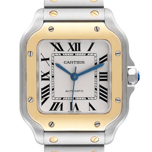 This image shows a front view of the Cartier Santos watch face.