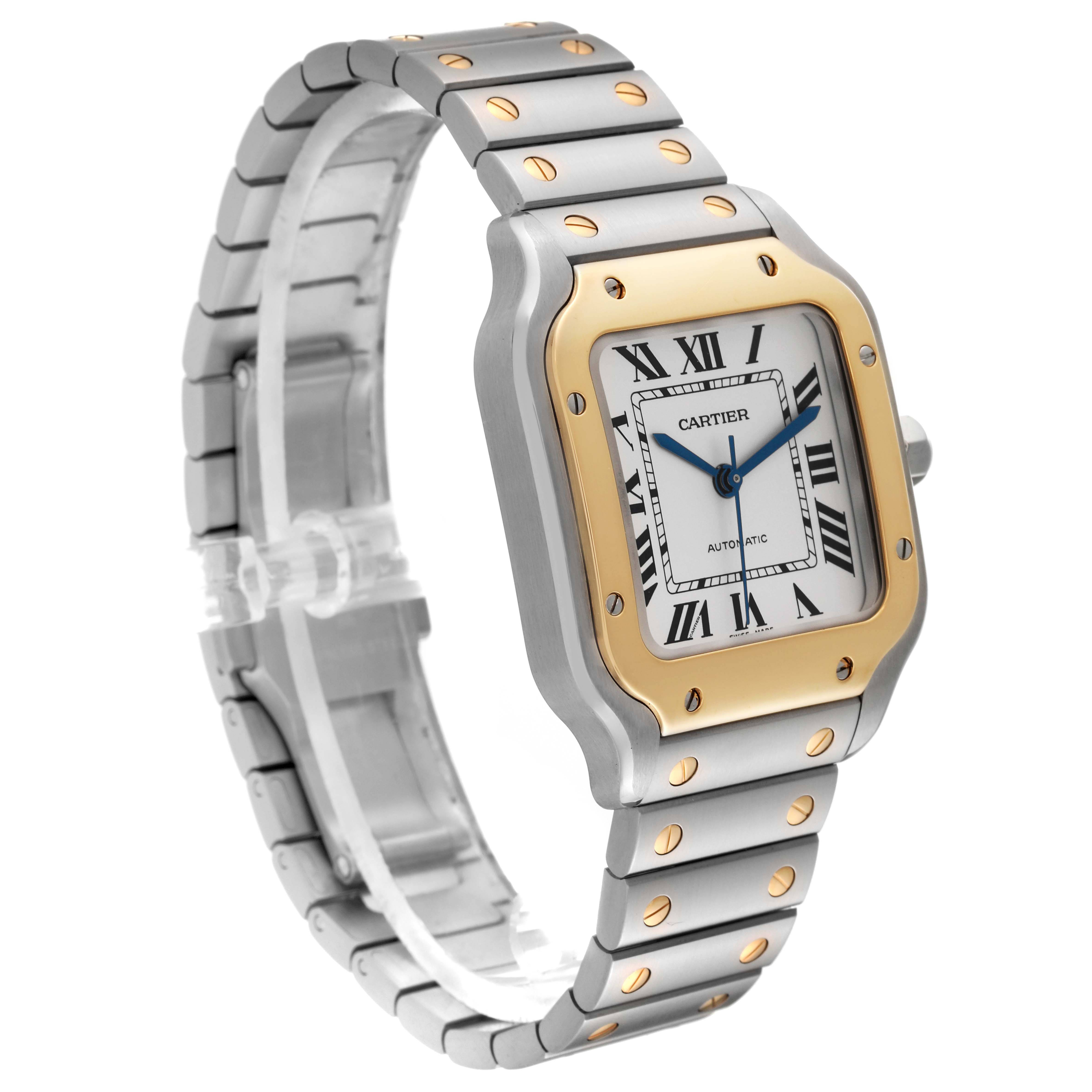 The image shows a Cartier Santos W2SA0016 Men
s Steel and Gold (two tone) Silver Dial W2SA0016 Men
s Steel and Gold (two tone) Silver Dial watch at a three-quarter angle, displaying the face, bezel, and metal bracelet.