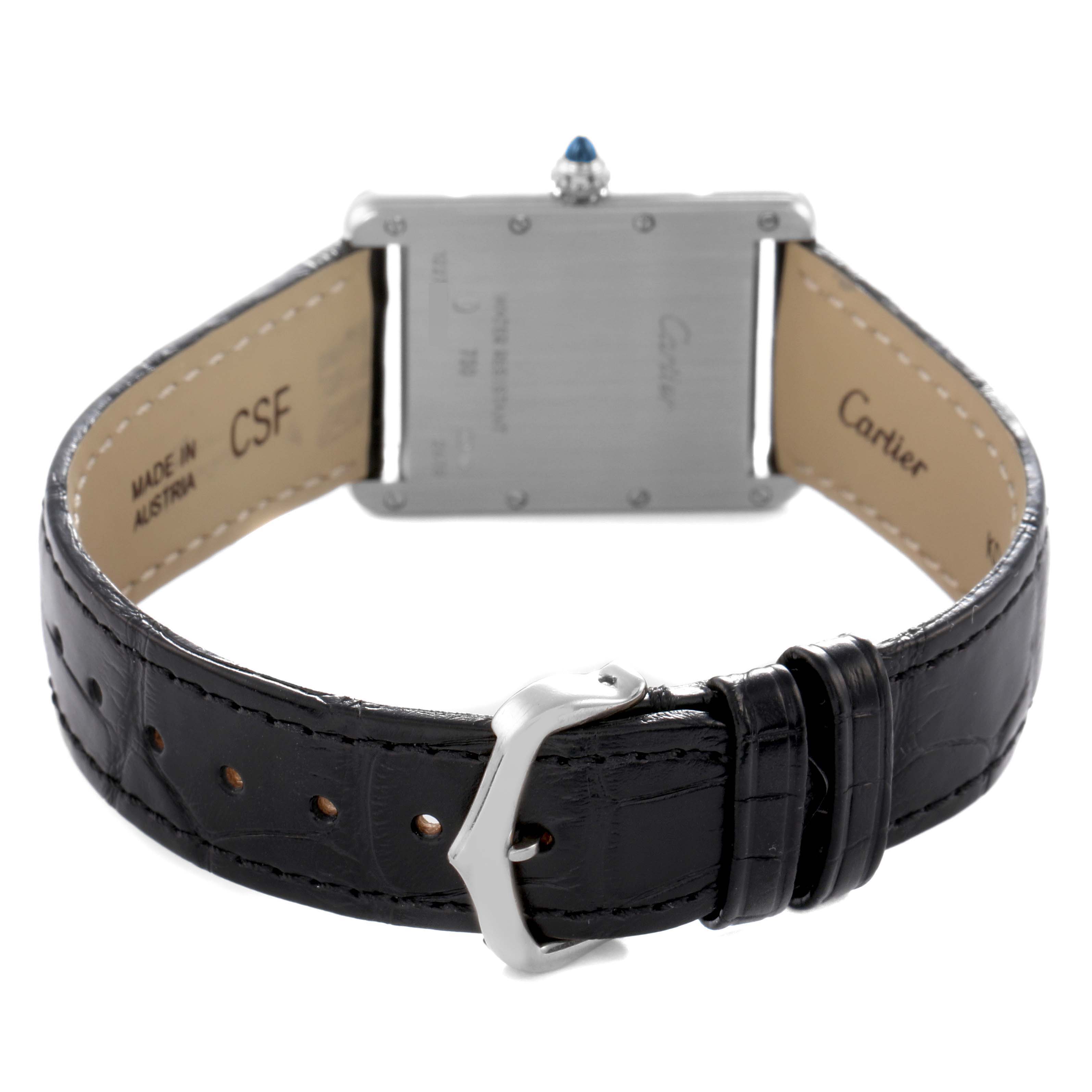 The image shows the back view of the Cartier Tank Louis model W1540956 men's watch, highlighting its rectangular case, buckle, and black leather strap.