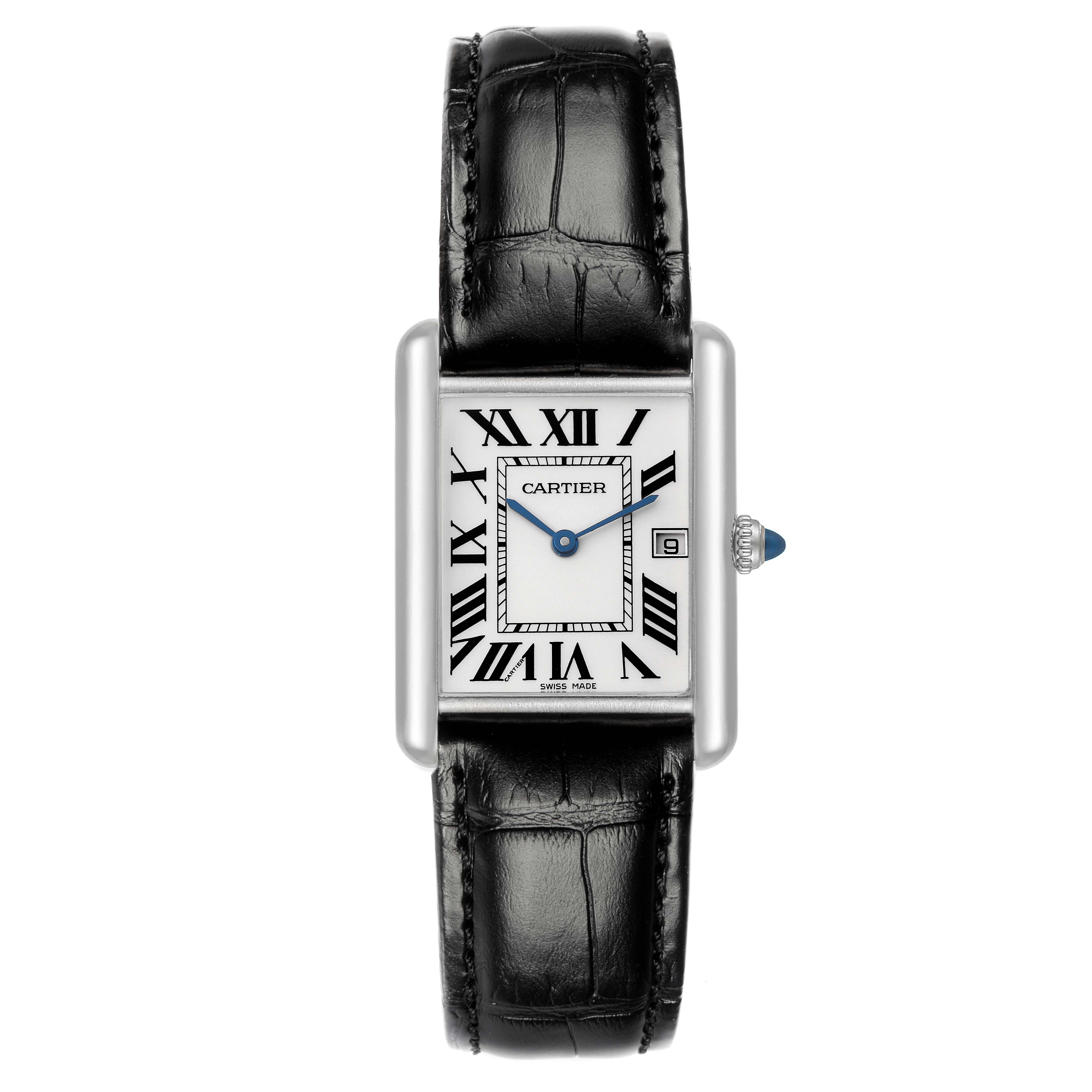 The Cartier Tank Louis W1540956 is shown from the front, highlighting its rectangular face, Roman numerals, blue hands, date window, and black leather strap.