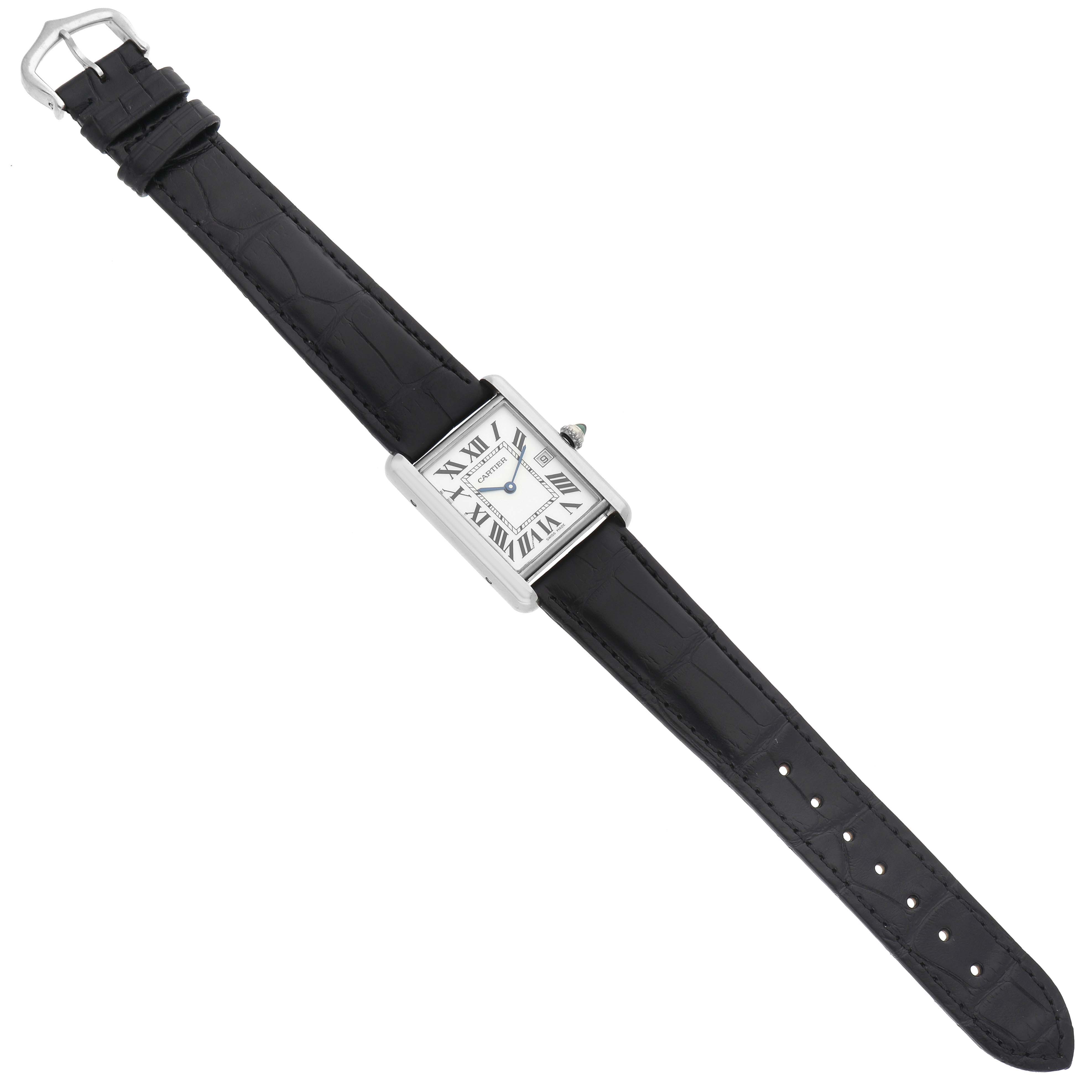 The Cartier Tank Louis model W1540956 men's watch is shown from a top-down angle, displaying its rectangular face, Roman numerals, and black leather strap.