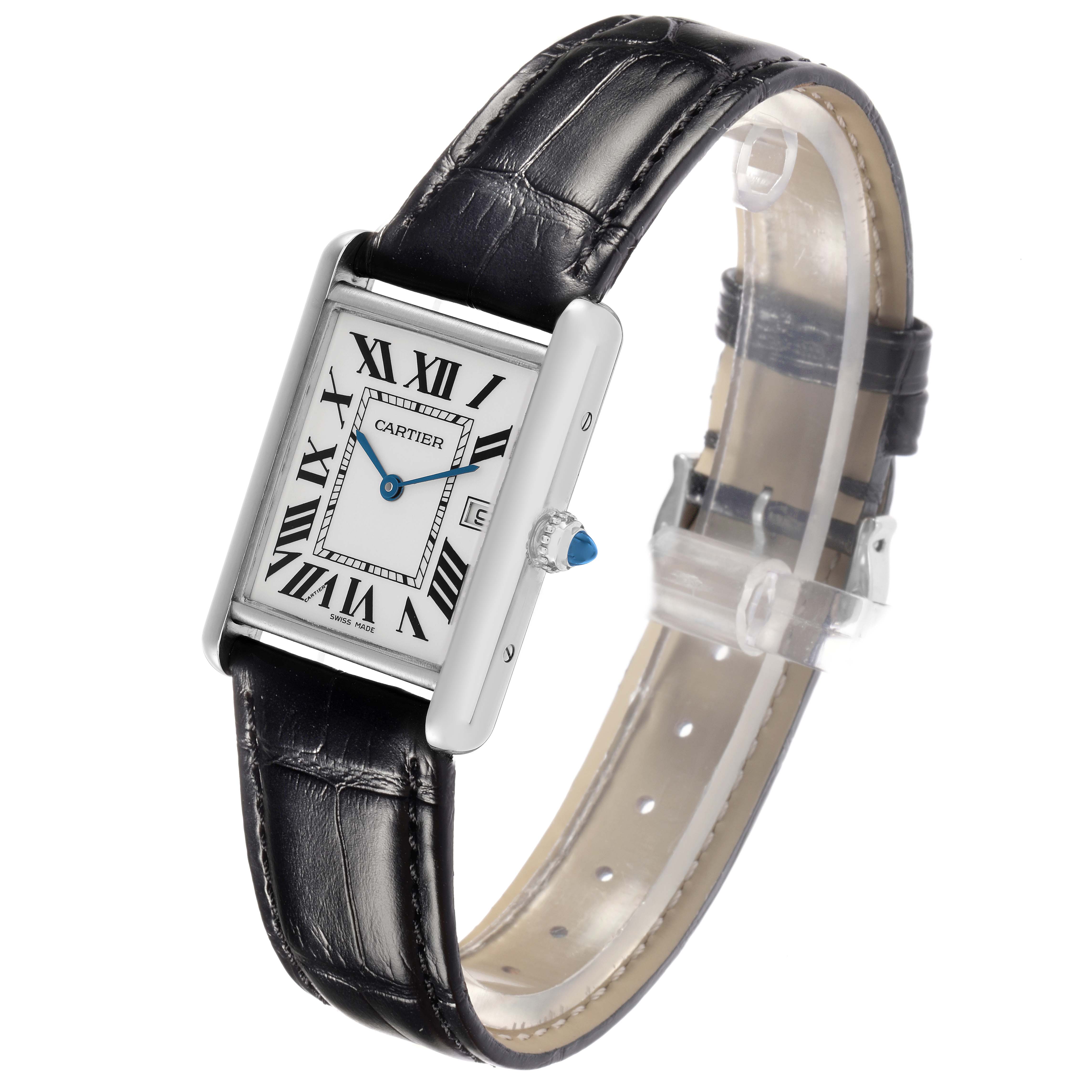 The Cartier Tank Louis model W1540956 is shown at an angled side view, featuring the rectangular case, crown with a blue cabochon, Roman numeral dial, and leather strap.