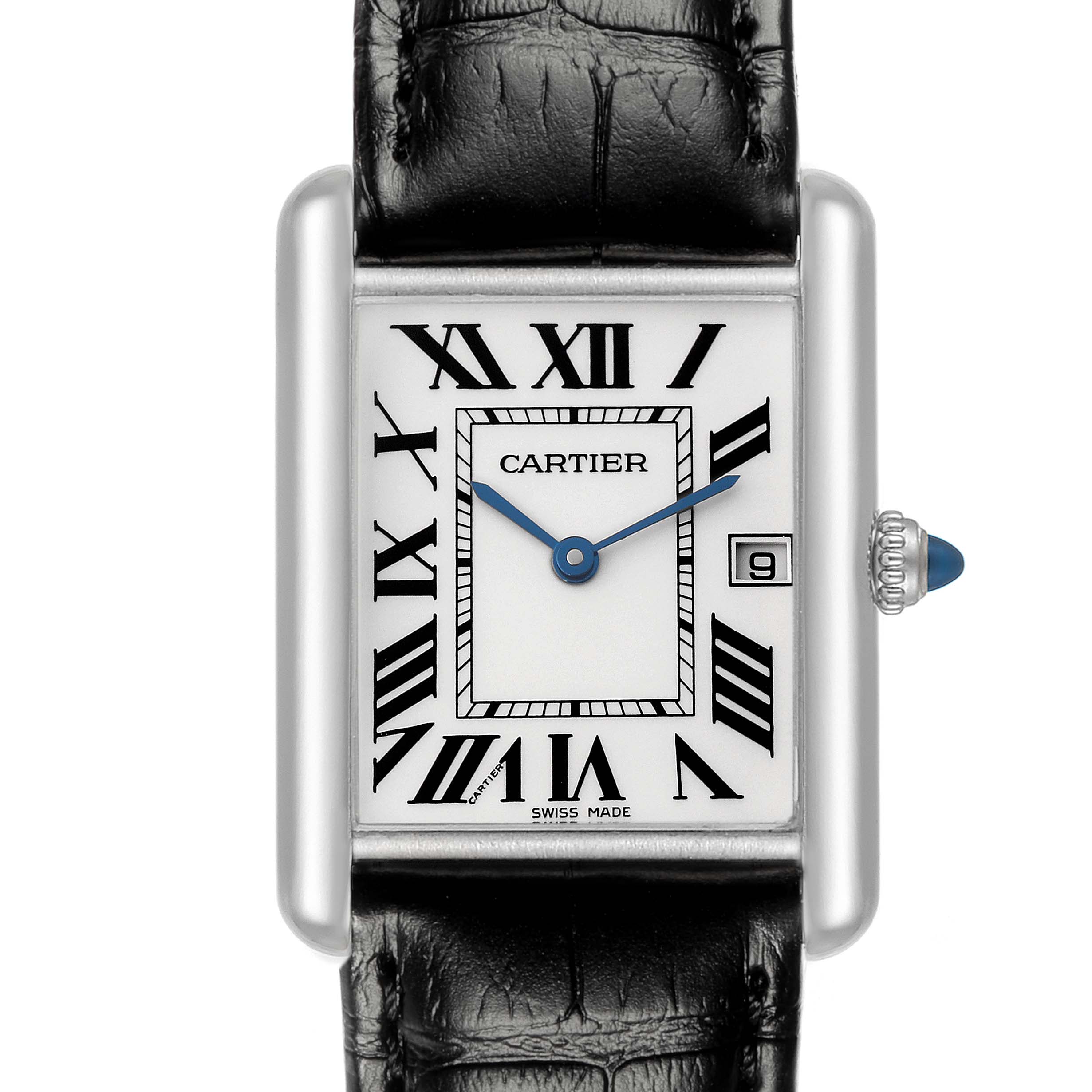 The Cartier Tank Louis model W1540956 watch is shown from a frontal angle, highlighting its rectangular dial, Roman numerals, and black leather strap.