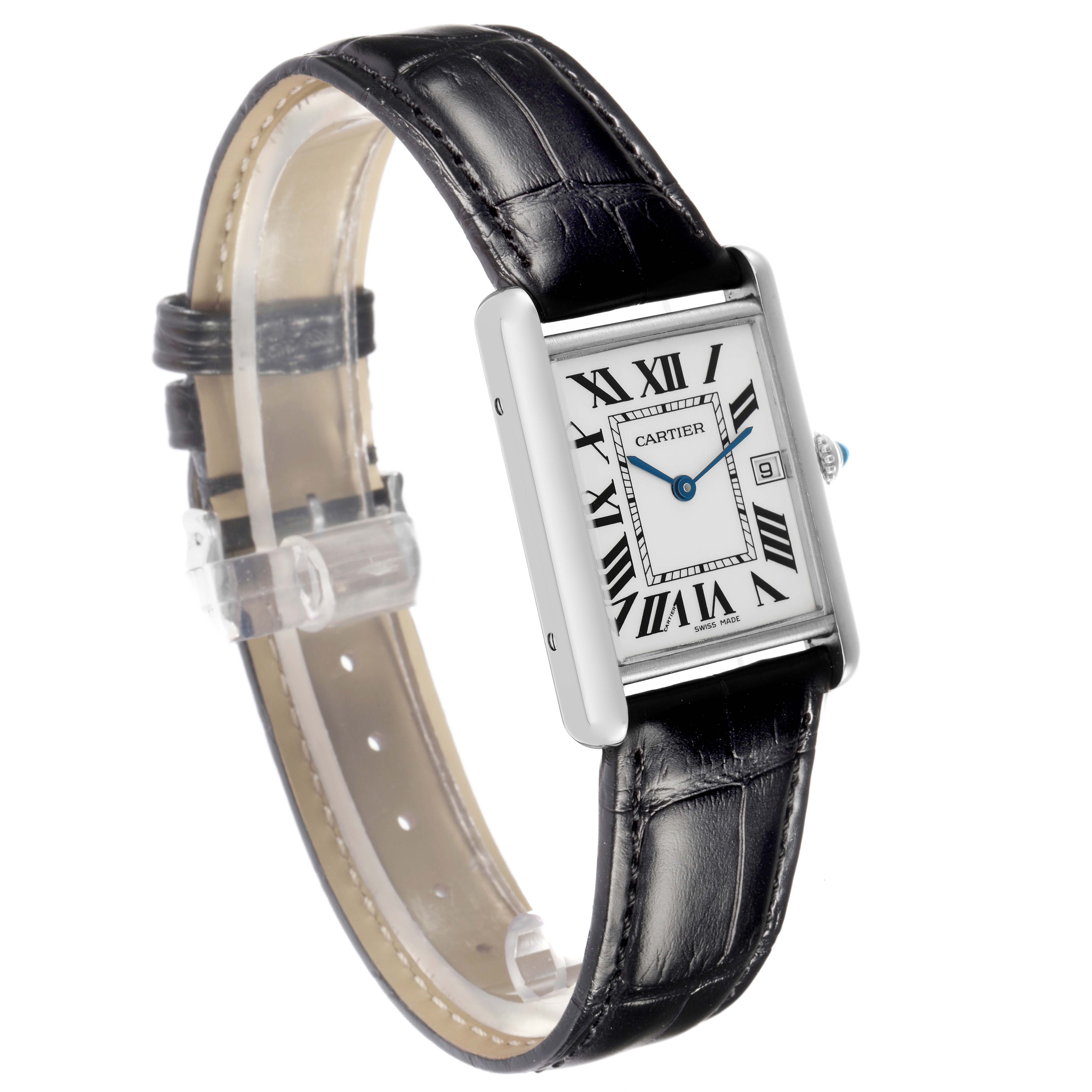 The image shows a Cartier Tank Louis watch, model W1540956, from a three-quarter angle highlighting the face, Roman numerals, blue hands, and black leather strap.
