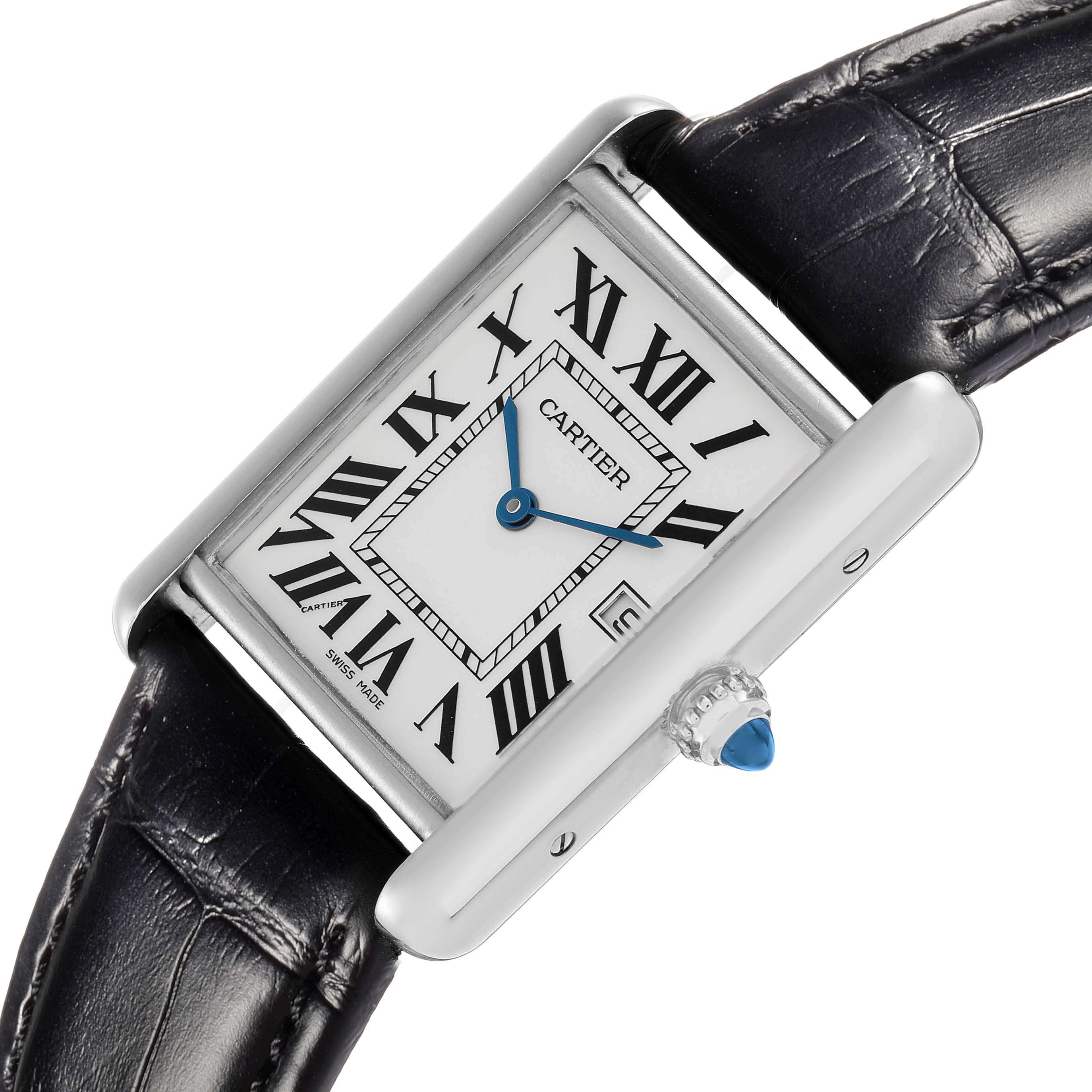 The Cartier Tank Louis model W1540956 is shown at a slight angle, displaying the watch face, Roman numerals, blue hands, crown with a blue cabochon, and part of the black strap.