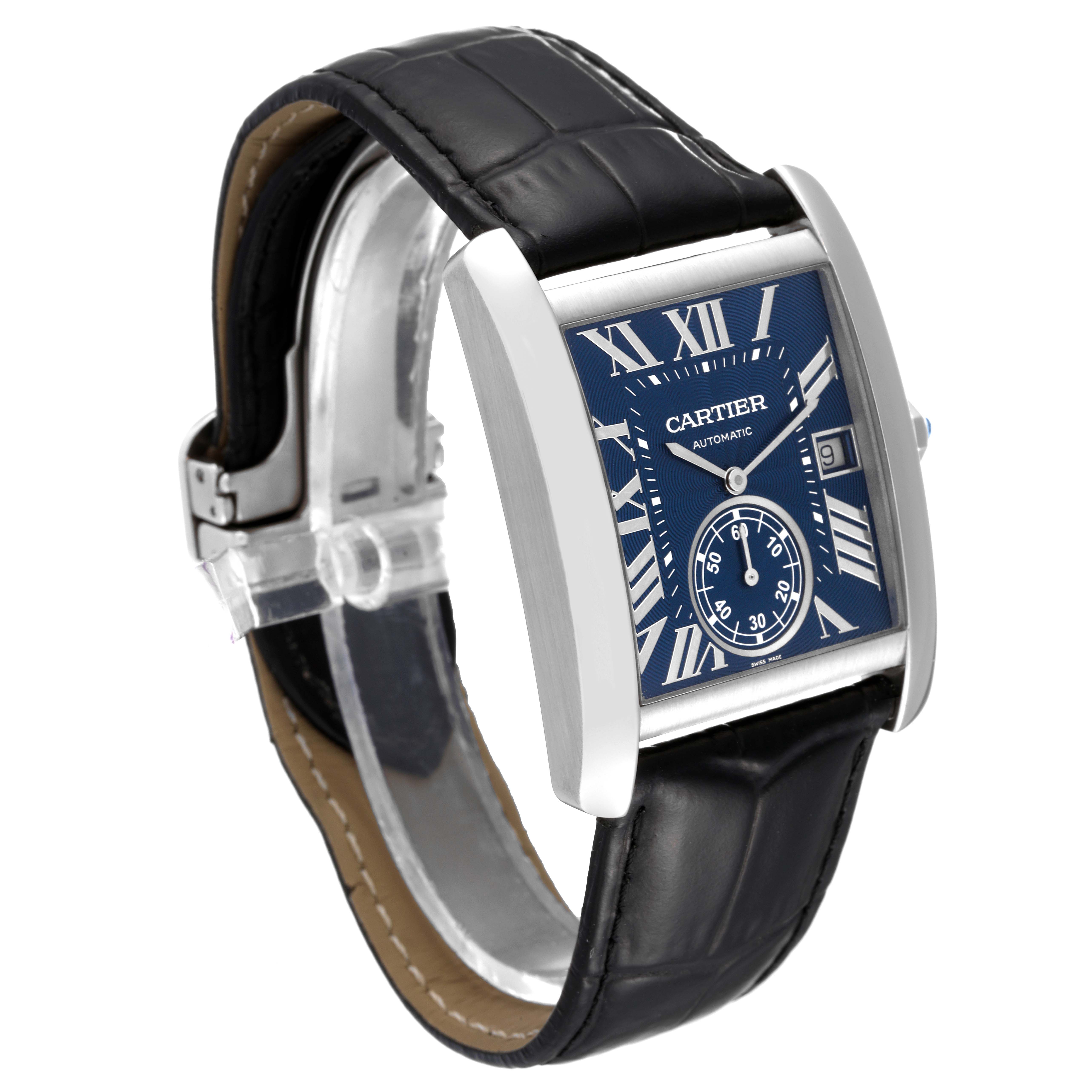 The image shows a Cartier Tank MC WSTA0010 Men
s Stainless Steel Blue Dial WSTA0010 Men
s Stainless Steel Blue Dial watch at a three-quarter angle, highlighting its black leather strap and rectangular face with blue dial.