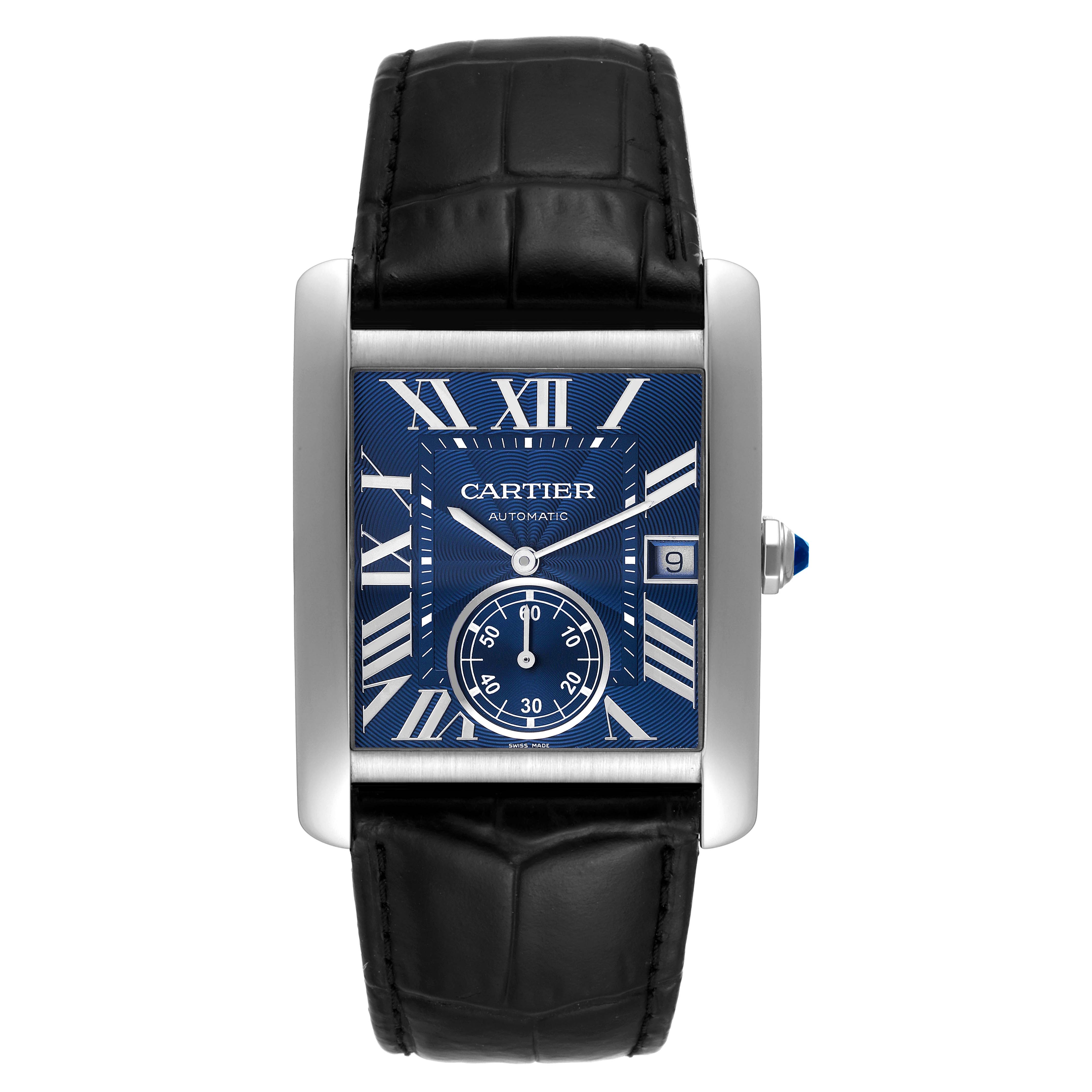 The image shows a Cartier Tank MC WSTA0010 Men
s Stainless Steel Blue Dial WSTA0010 Men
s Stainless Steel Blue Dial watch with a blue dial, Roman numerals, date window, and black leather strap viewed from the front.