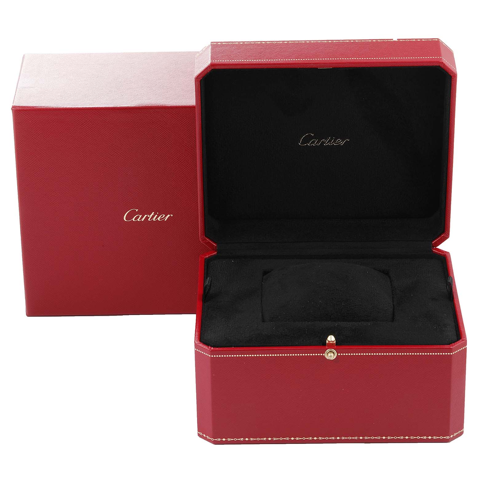 The image shows a red Cartier box, likely for the Tank MC model watch, with its lid open, revealing a black interior.