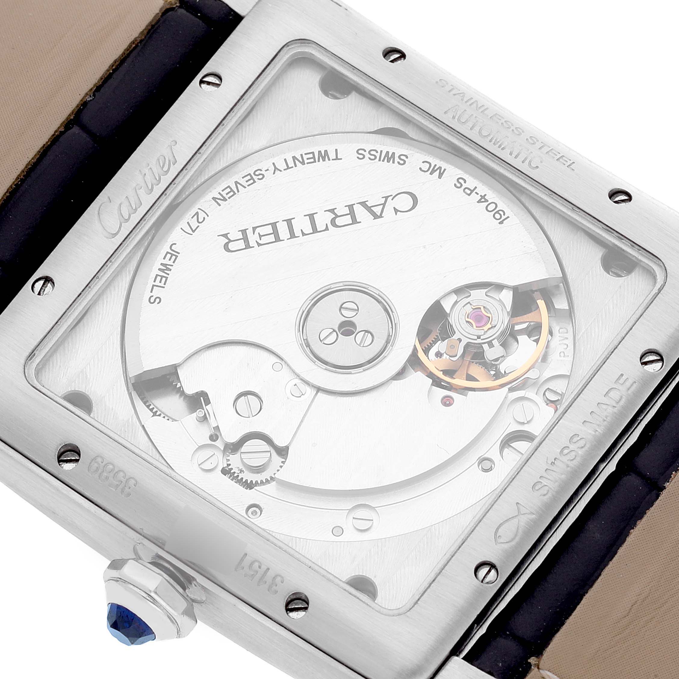 The image shows the back view of the Cartier Tank MC WSTA0010 Men
s Stainless Steel Blue Dial WSTA0010 Men
s Stainless Steel Blue Dial watch, displaying its movement and mechanism.