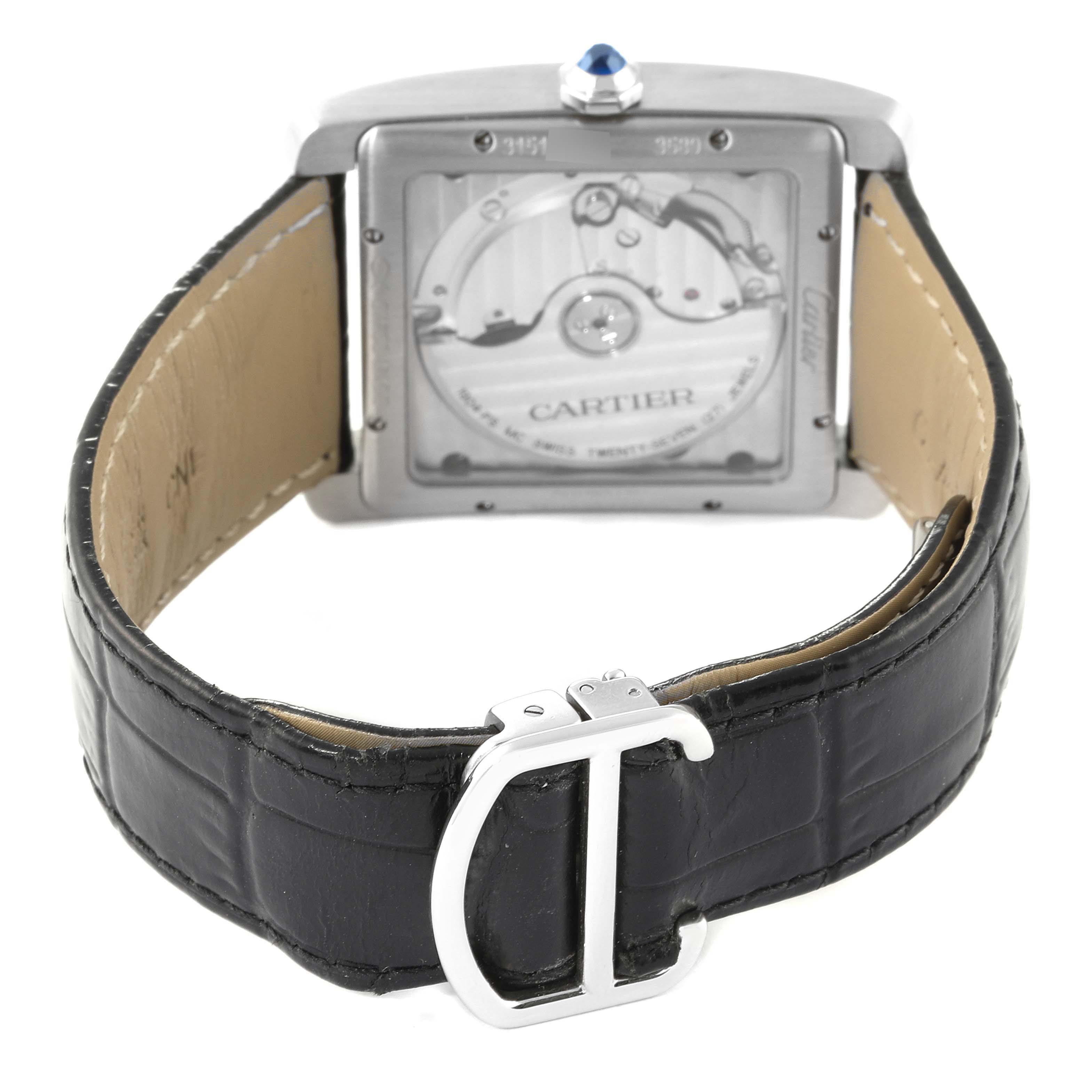 This image shows the back of a Cartier Tank MC WSTA0010 Men
s Stainless Steel Blue Dial WSTA0010 Men
s Stainless Steel Blue Dial watch, highlighting its mechanical movement and black leather strap with buckle.