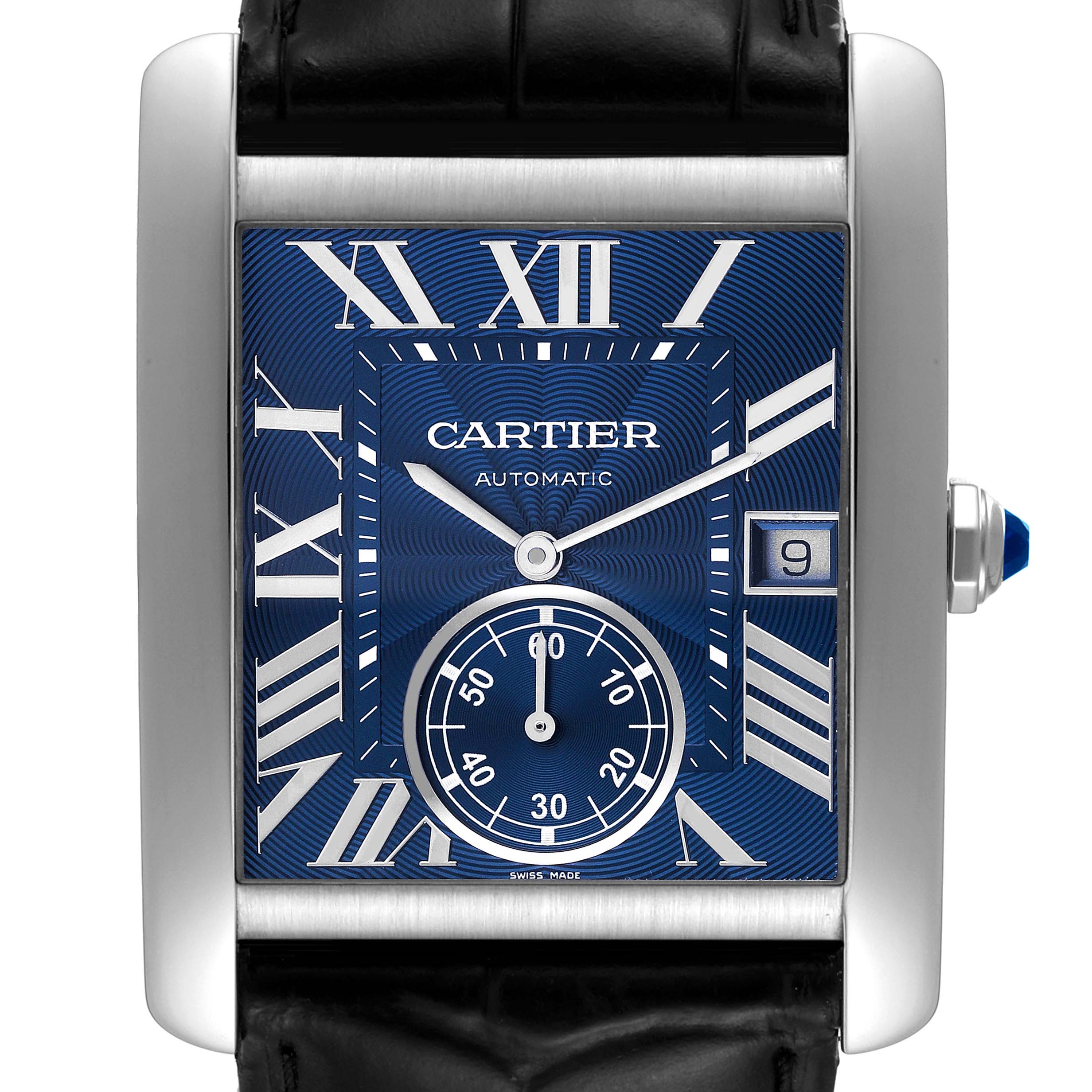 The image shows a frontal view of a Cartier Tank MC WSTA0010 Men
s Stainless Steel Blue Dial WSTA0010 Men
s Stainless Steel Blue Dial model watch displaying the face, hands, and date window.