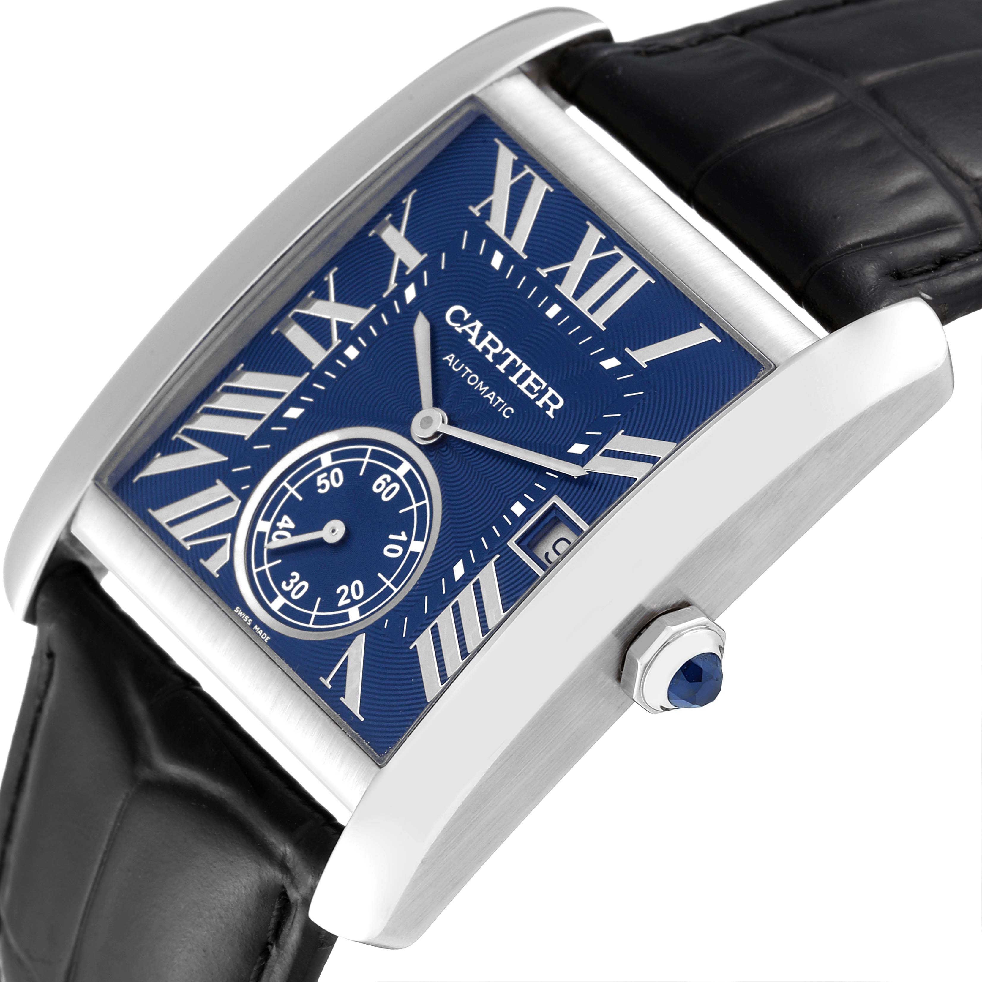This image shows a close-up angled view of the Cartier Tank MC WSTA0010 Men
s Stainless Steel Blue Dial WSTA0010 Men
s Stainless Steel Blue Dial watch, highlighting the blue dial, crown, and part of the black leather strap.