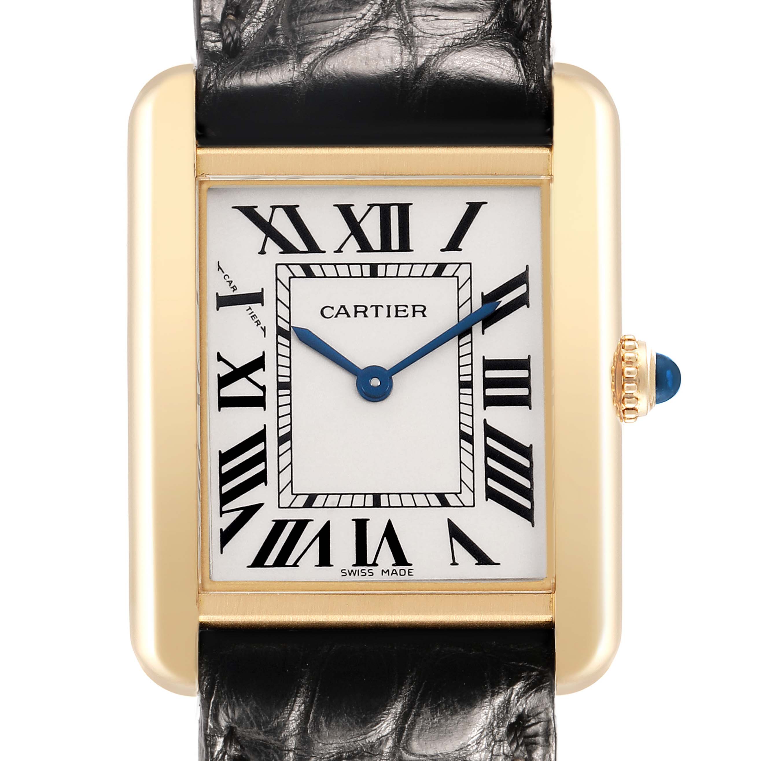 The Cartier Tank Solo W1018755 Women's Yellow Gold Silver Dial watch is shown from the front, highlighting its rectangular dial, Roman numerals, and leather strap.