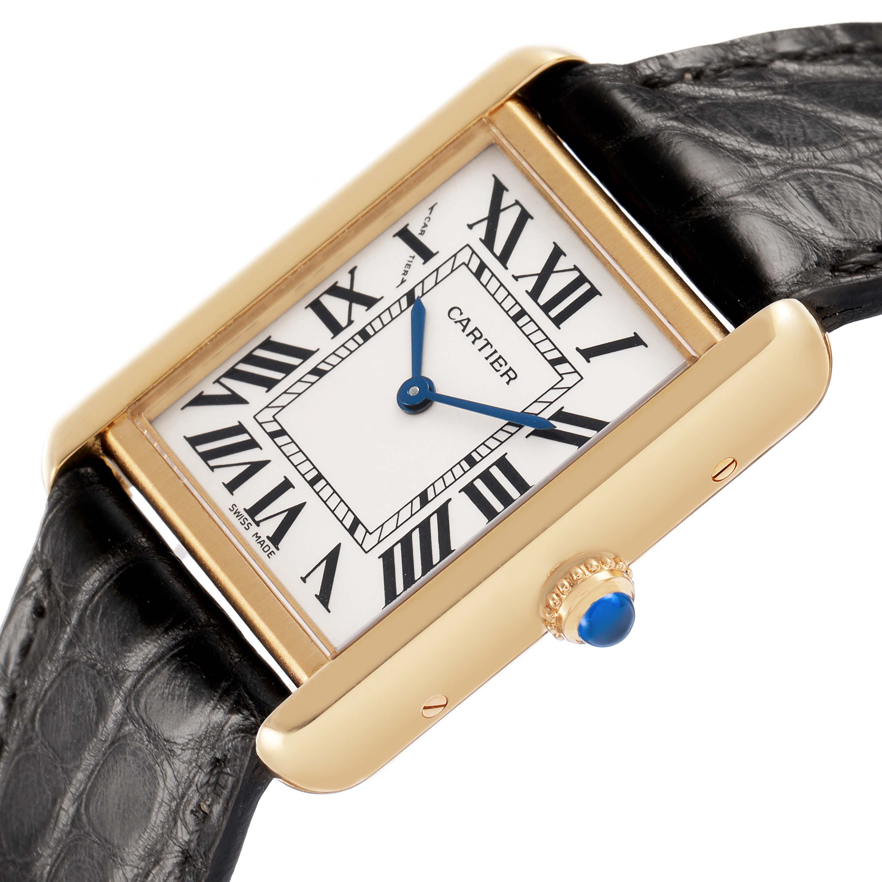 The Cartier Tank Solo W1018755 Women's Yellow Gold Silver Dial watch is shown at an angle highlighting its rectangular face, gold casing, Roman numerals, and black leather strap.