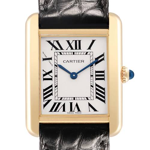 The Cartier Tank Solo W1018755 Women's Yellow Gold Silver Dial watch is shown from a front view, highlighting its rectangular face, Roman numerals, and crown detail.