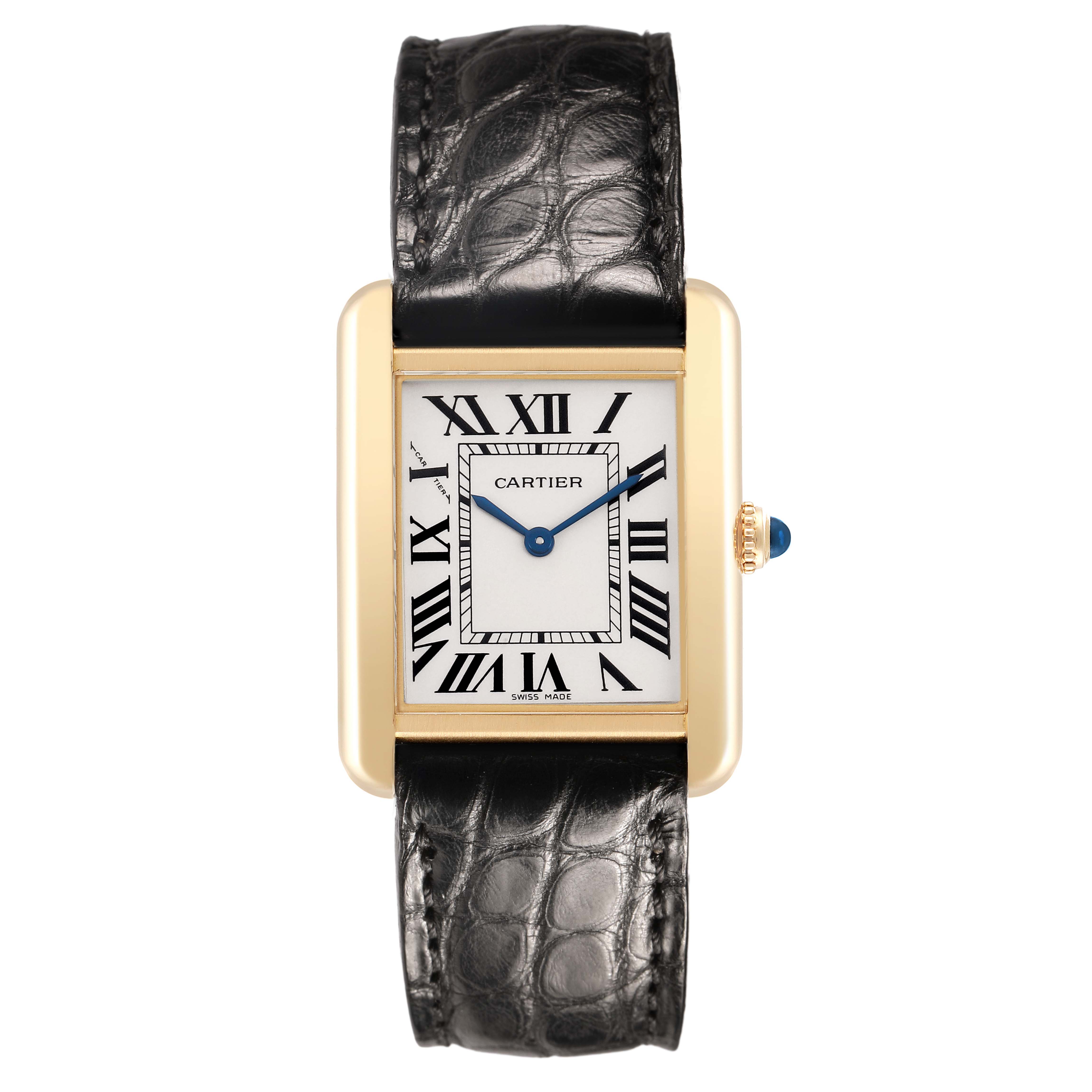 The Cartier Tank Solo W1018755 Women's Yellow Gold Silver Dial watch is shown from the front, displaying the dial, hands, crown, and leather strap.