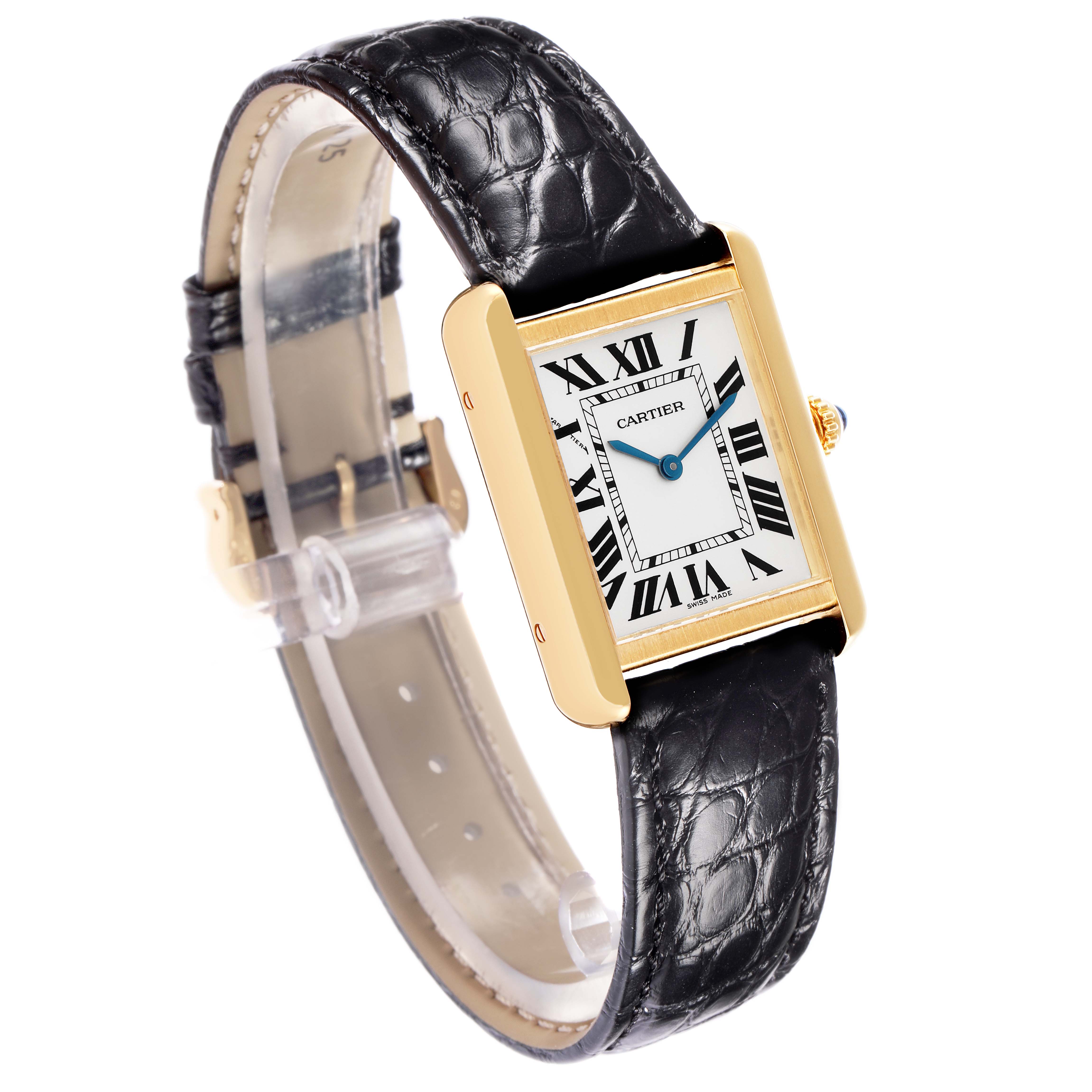 The Cartier Tank Solo model W5200002 is shown at an angle highlighting the face, crown, and black leather strap.