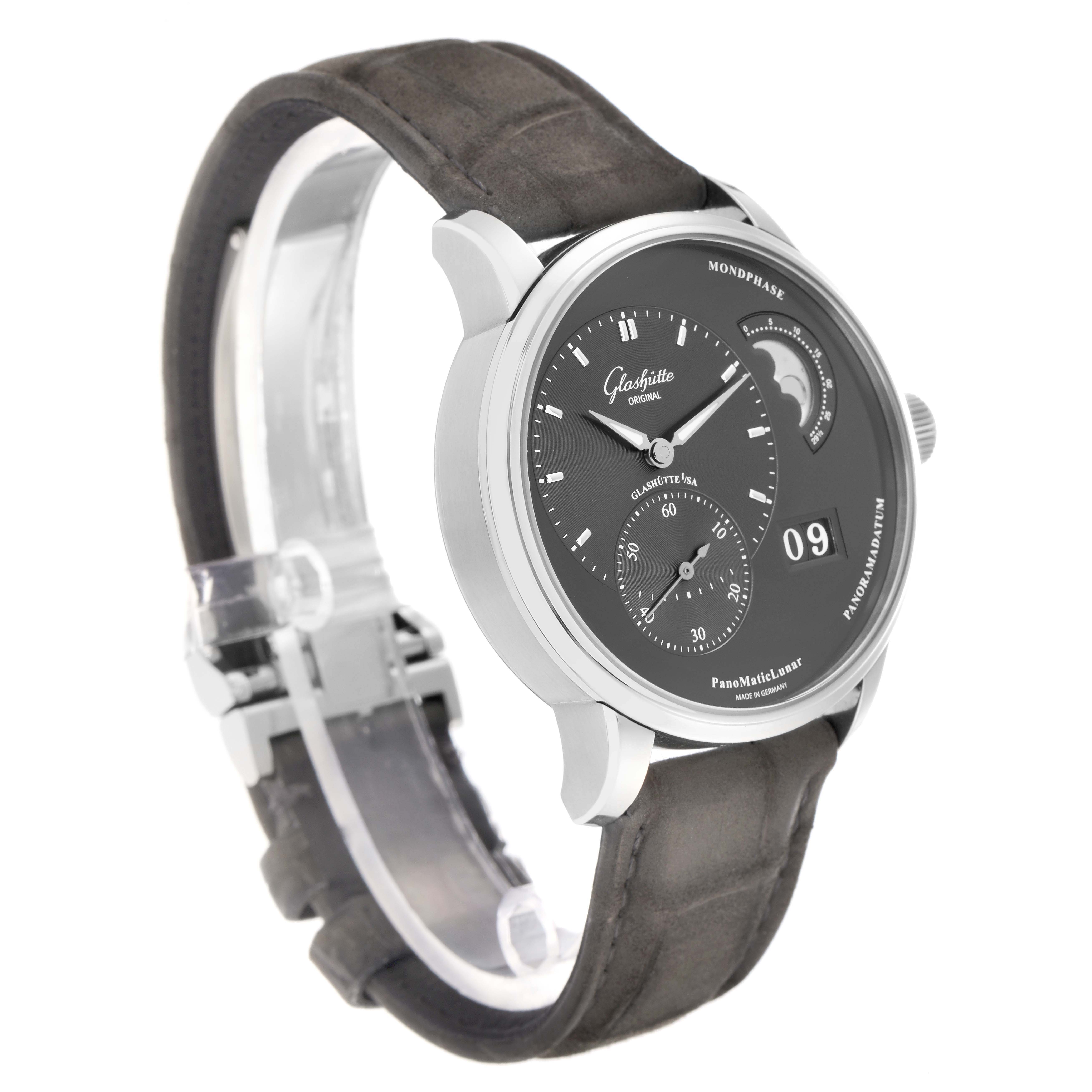 The Glashütte Pano model 1-90-02-43-32-05 is shown at an angled side view, highlighting the dial, moon phase, and leather strap details.