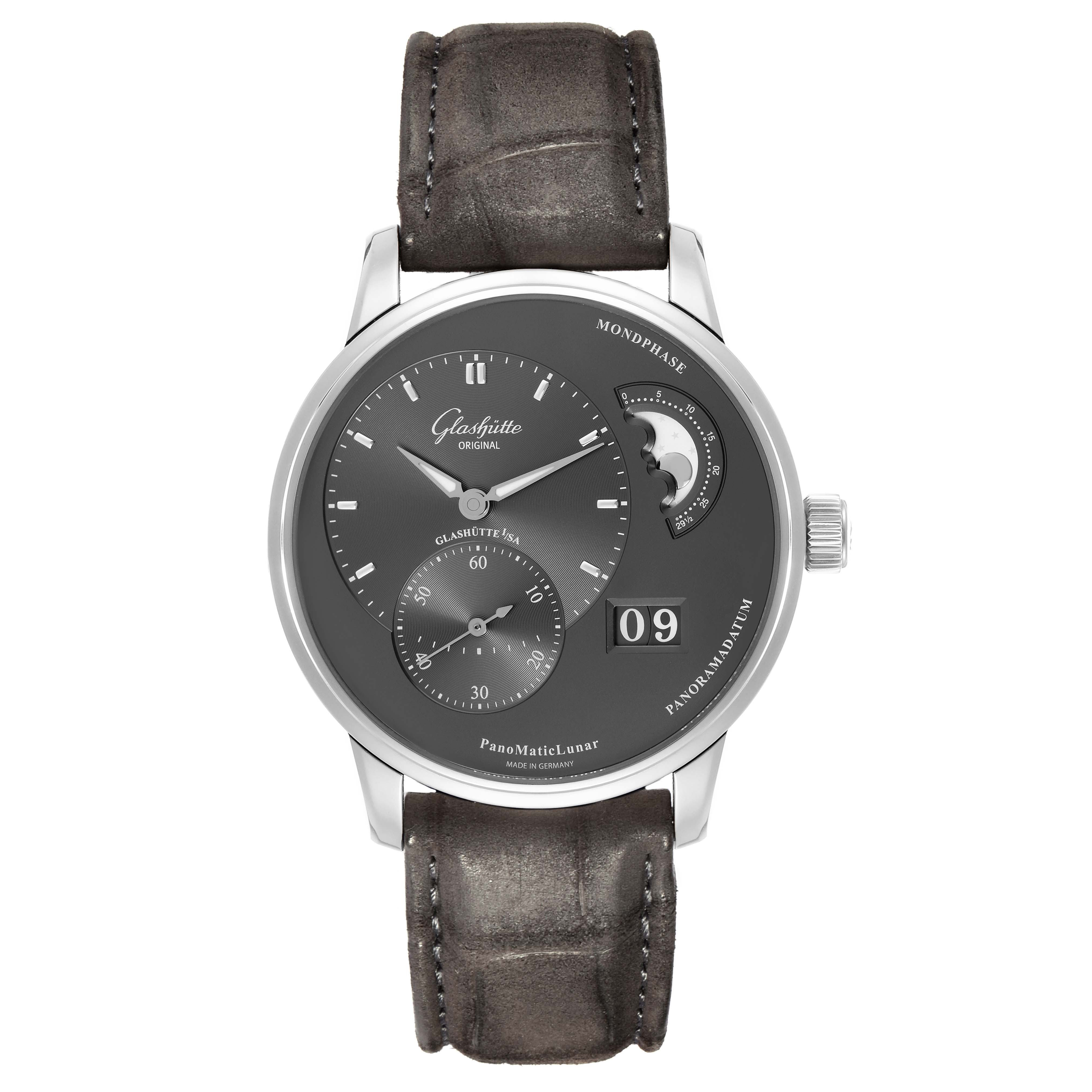 The image shows a frontal view of the Glashutte PanoMaticLunar watch, model number 1-90-02-43-32-05, highlighting the dial, moon phase, and strap.