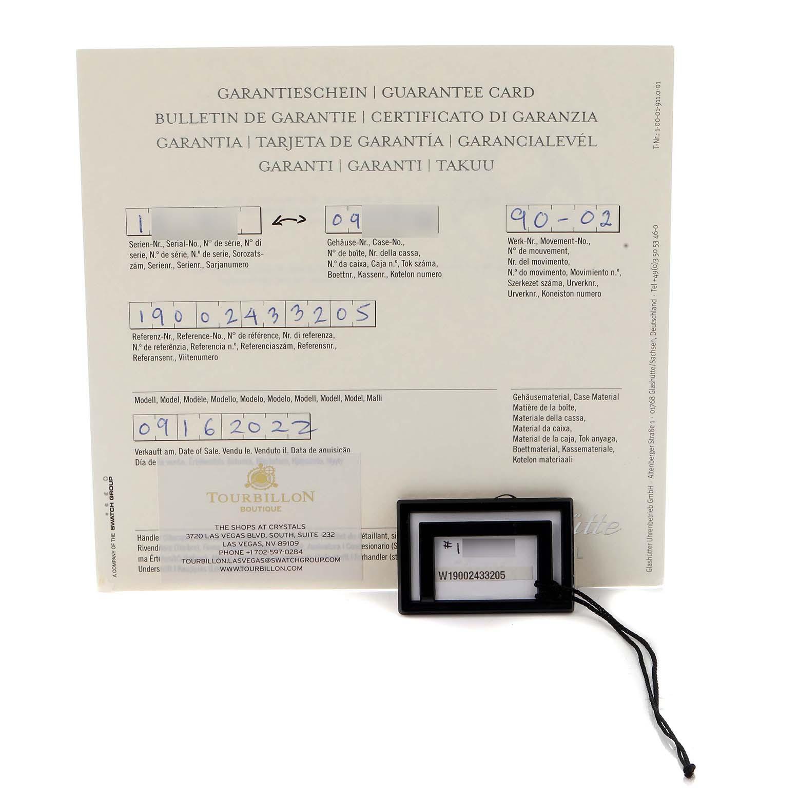 The image shows the guarantee card and tag for a Glashütte Pano model, model number 1-90-02-43-32-05 men's watch.
