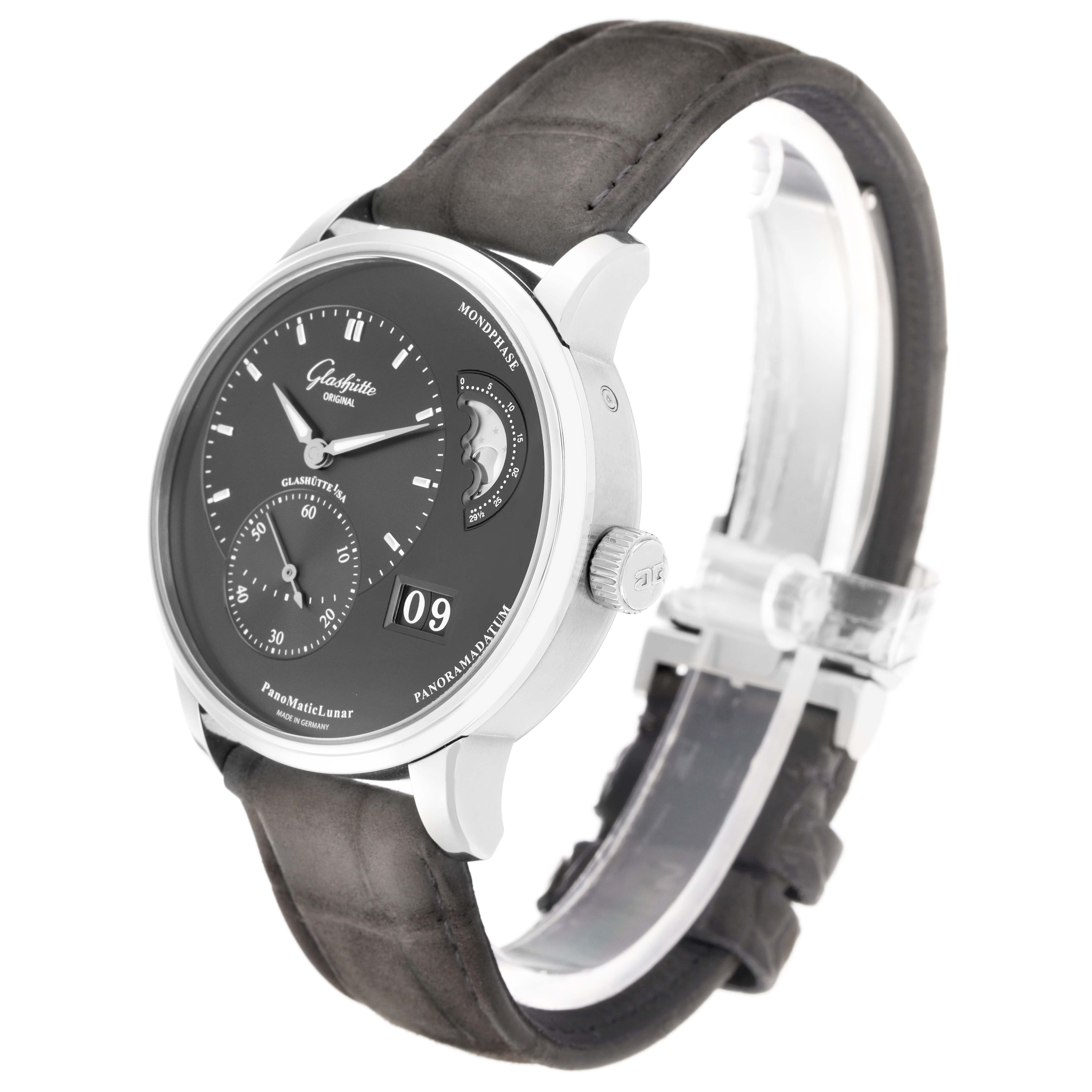 The Glashütte Pano model 1-90-02-43-32-05 is shown at a slightly angled side view, highlighting its dial, watch case, crown, and partially visible strap.