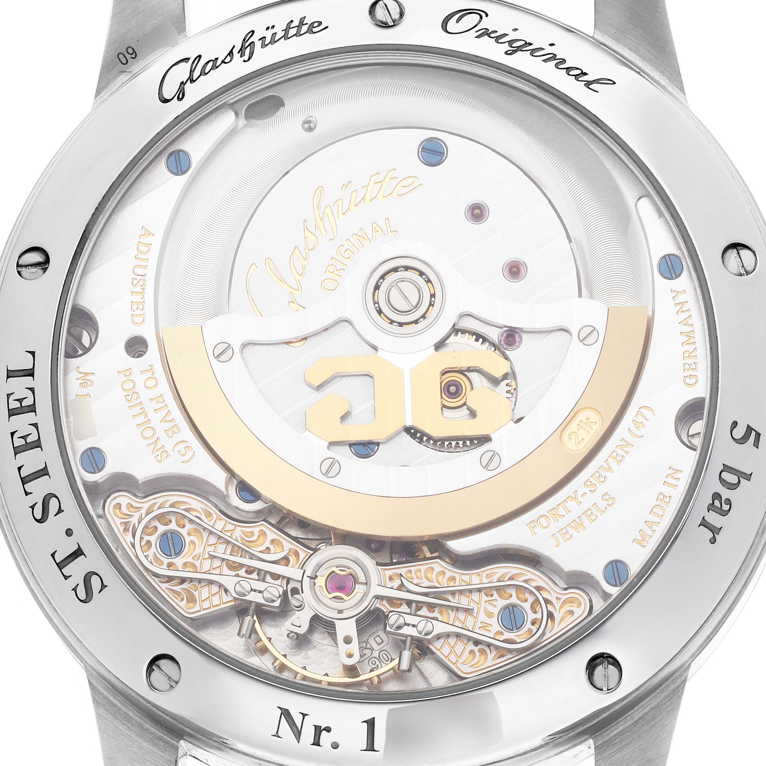 The image shows the back of the Glashütte Pano model watch, model number 1-90-02-43-32-05, highlighting its intricate movement and mechanics.