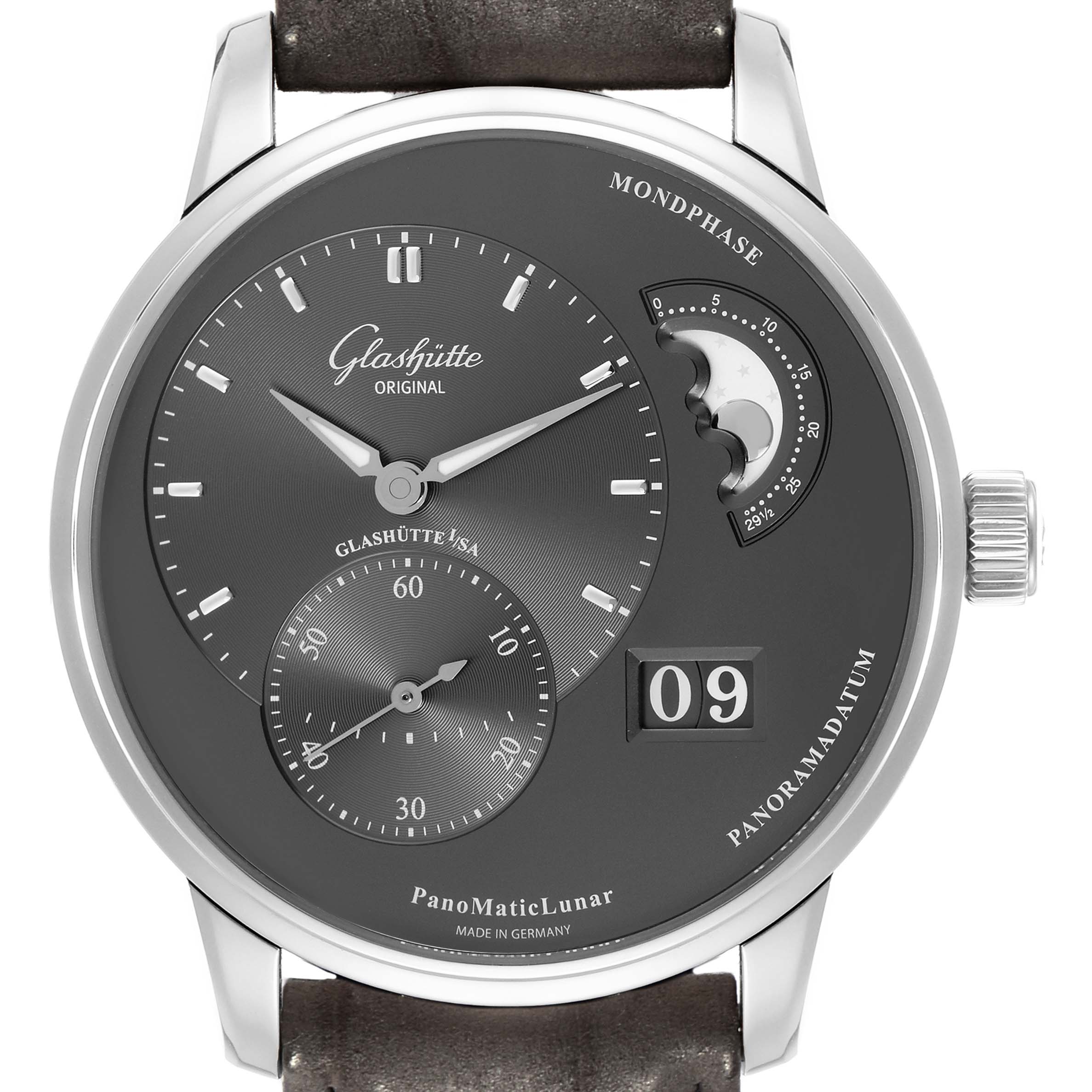 This image shows a Glashütte Pano model number 1-90-02-43-32-05, featuring a clear view of the face with its moon phase and date complication.