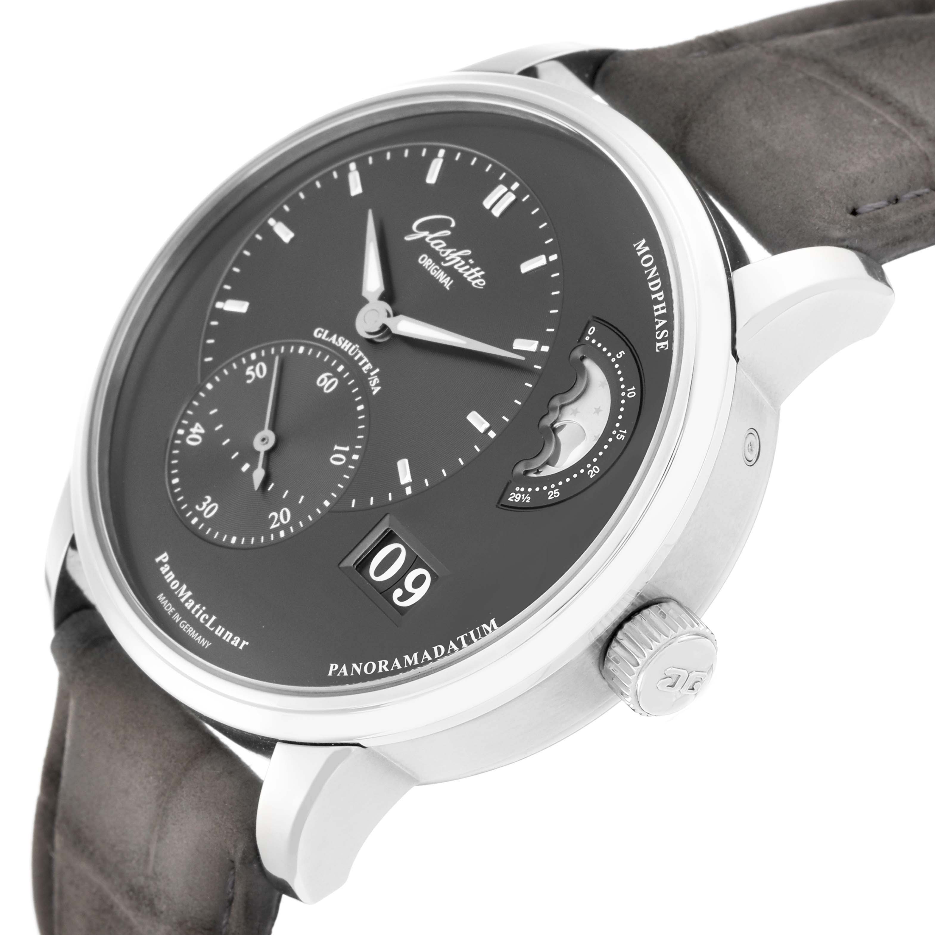 The Glashütte Pano model 1-90-02-43-32-05 is shown at a slight angle, highlighting the dial, moon phase, and side crown, with a focus on its gray leather strap.