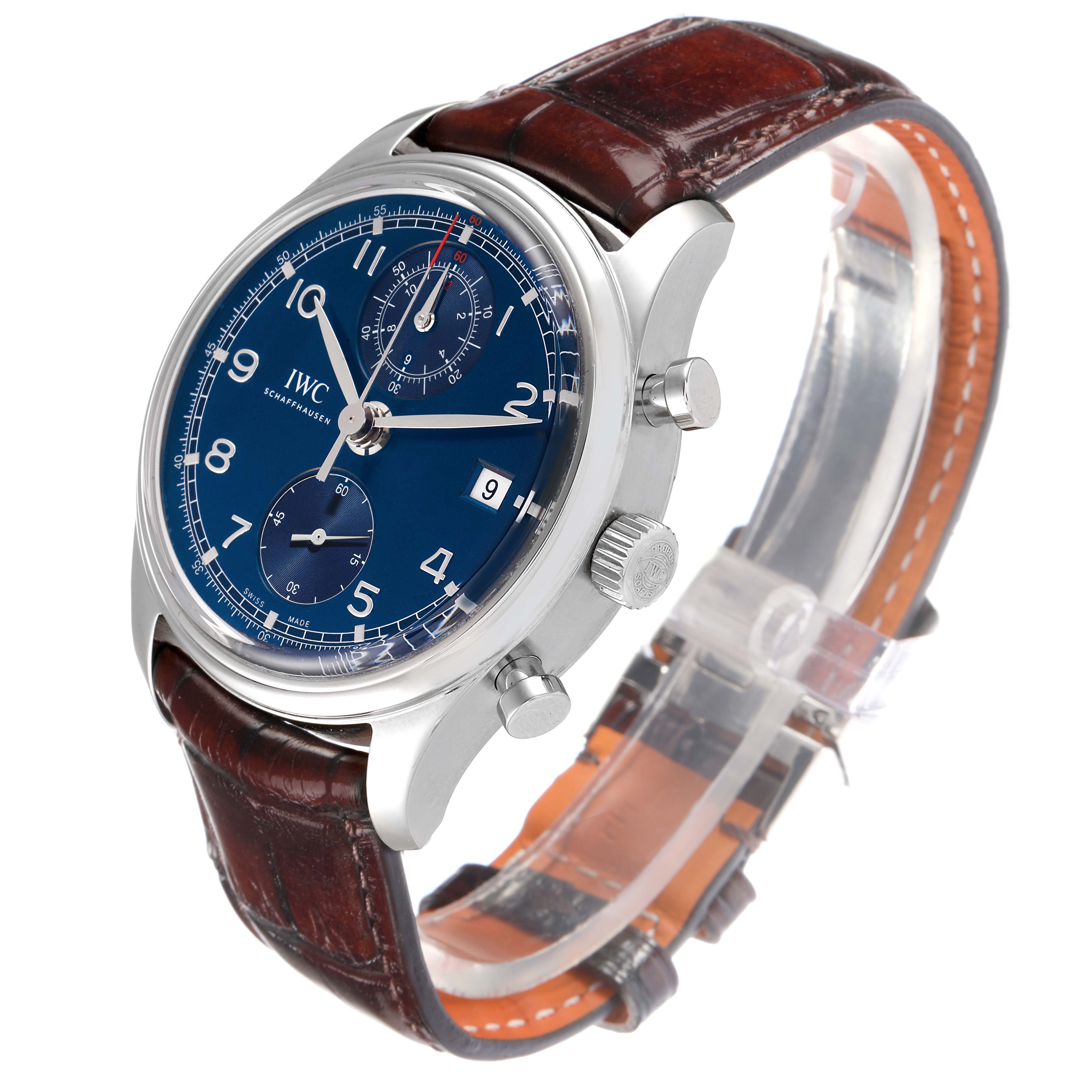 The IWC Portuguese model IW390406 is shown at an angle displaying the face, side buttons, dial details, and its brown leather strap.