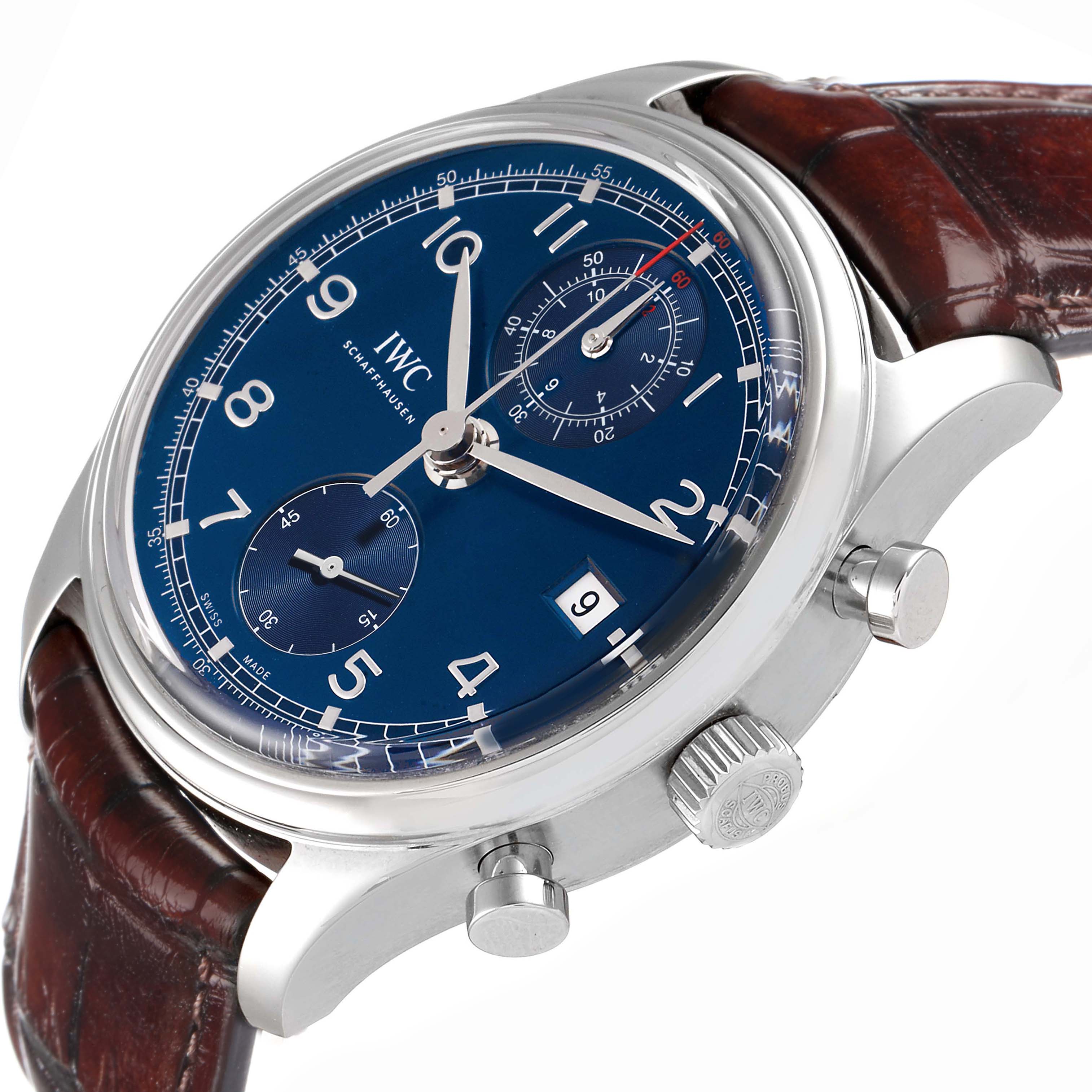 The IWC Portuguese IW390406 men's watch is shown at a slight angle, highlighting the blue dial, subdials, date display, and side pushers, with a leather strap partially visible.