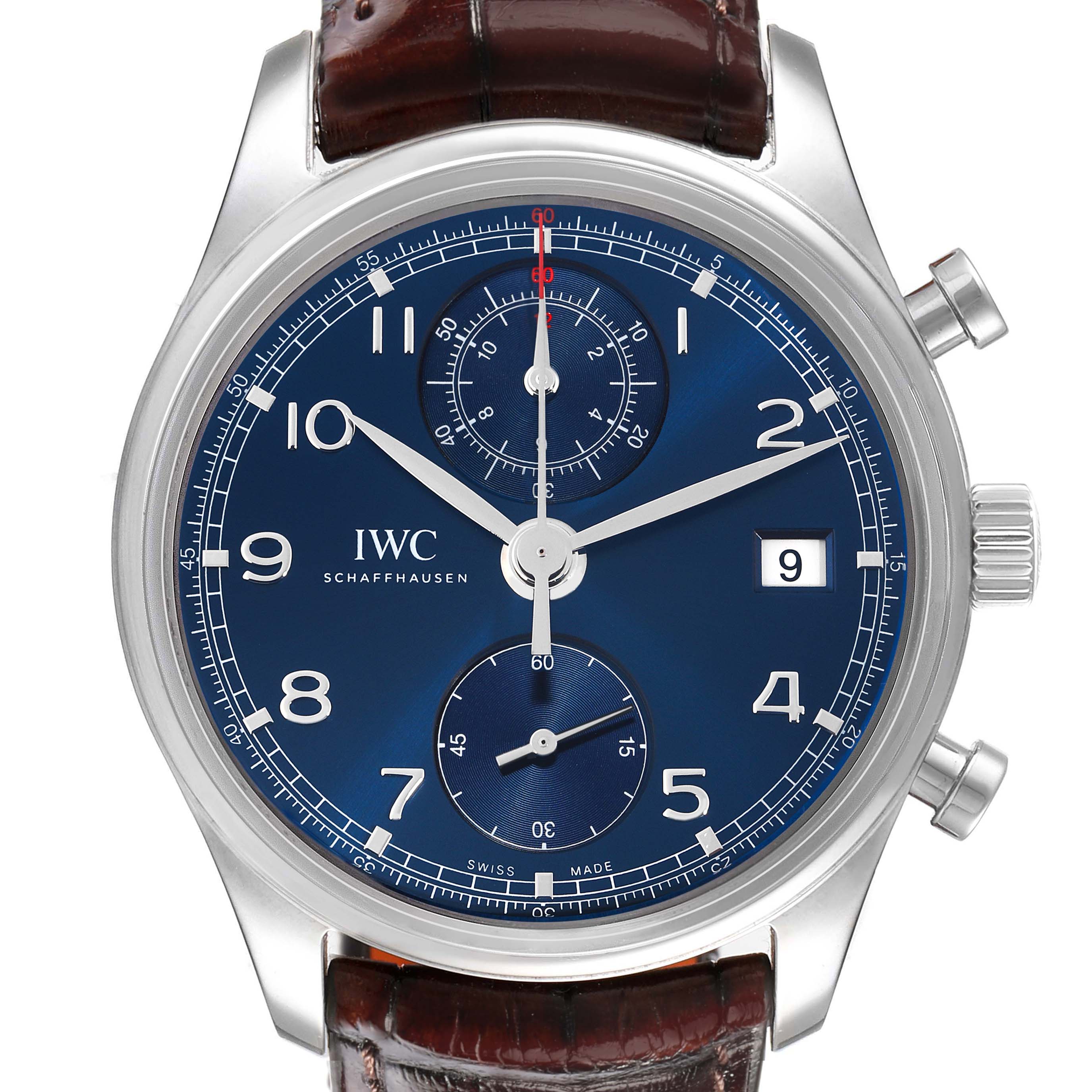 The IWC Portuguese IW390406 men's watch is shown from a front angle, highlighting its blue dial, chronograph subdials, date display, and leather strap.