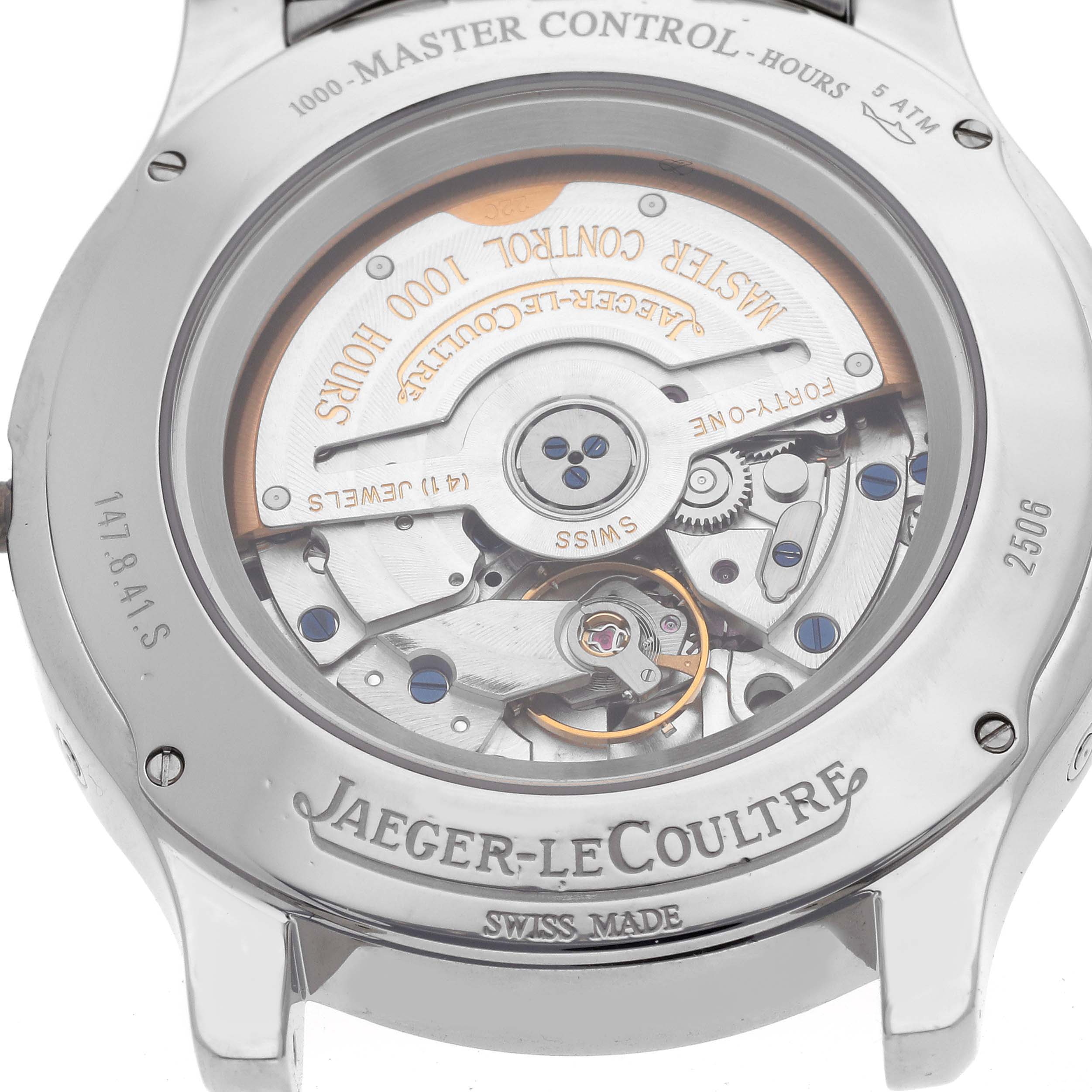 The image shows the back view of a Jaeger LeCoultre Master Q151812A Men's Stainless Steel Silver Dial Q151812A Men's Stainless Steel Silver Dial Control watch, revealing the movement and internal mechanisms.