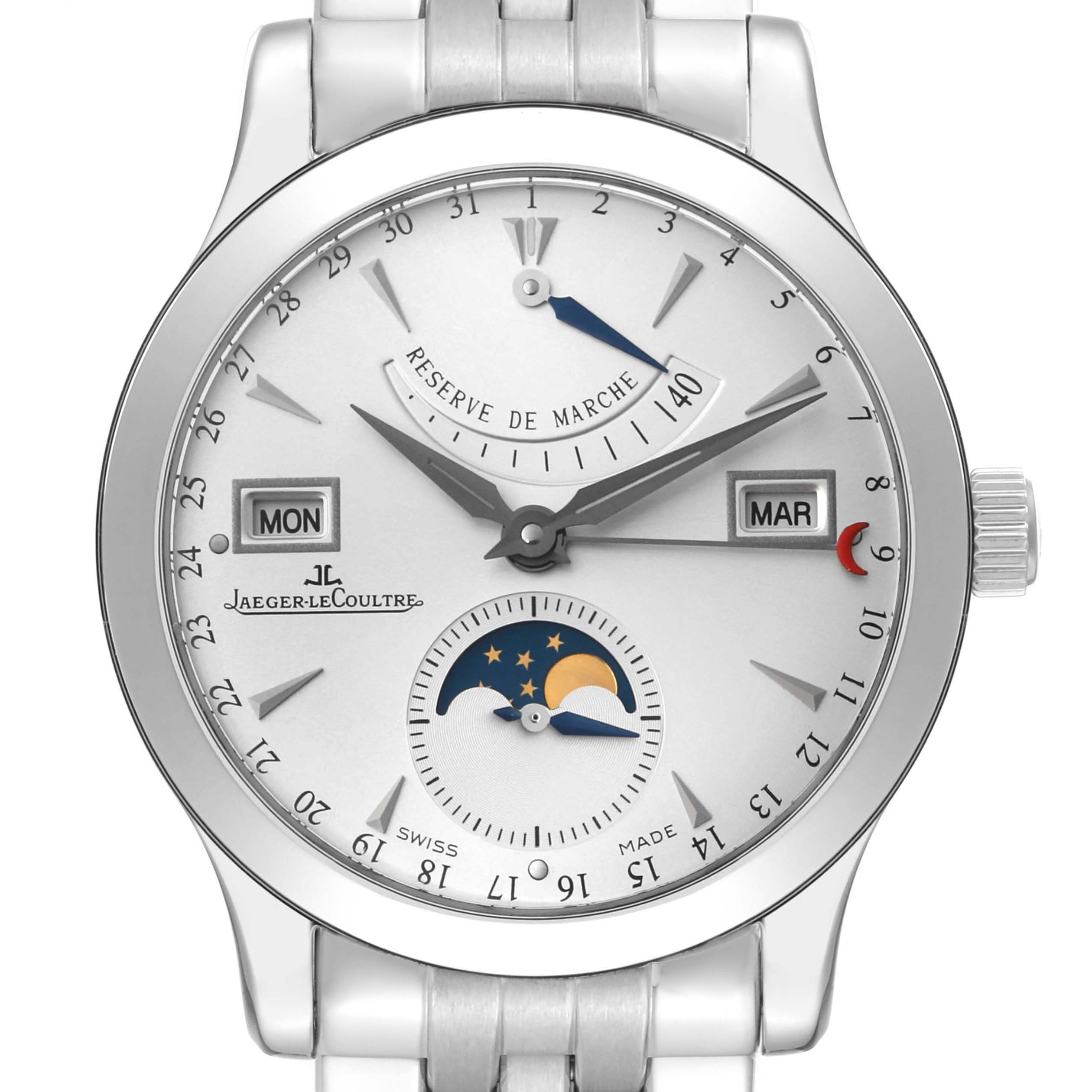 The image shows the face of a Jaeger LeCoultre Master Q151812A Men's Stainless Steel Silver Dial Q151812A Men's Stainless Steel Silver Dial model watch with day, date, moon phase, and power reserve indicators.