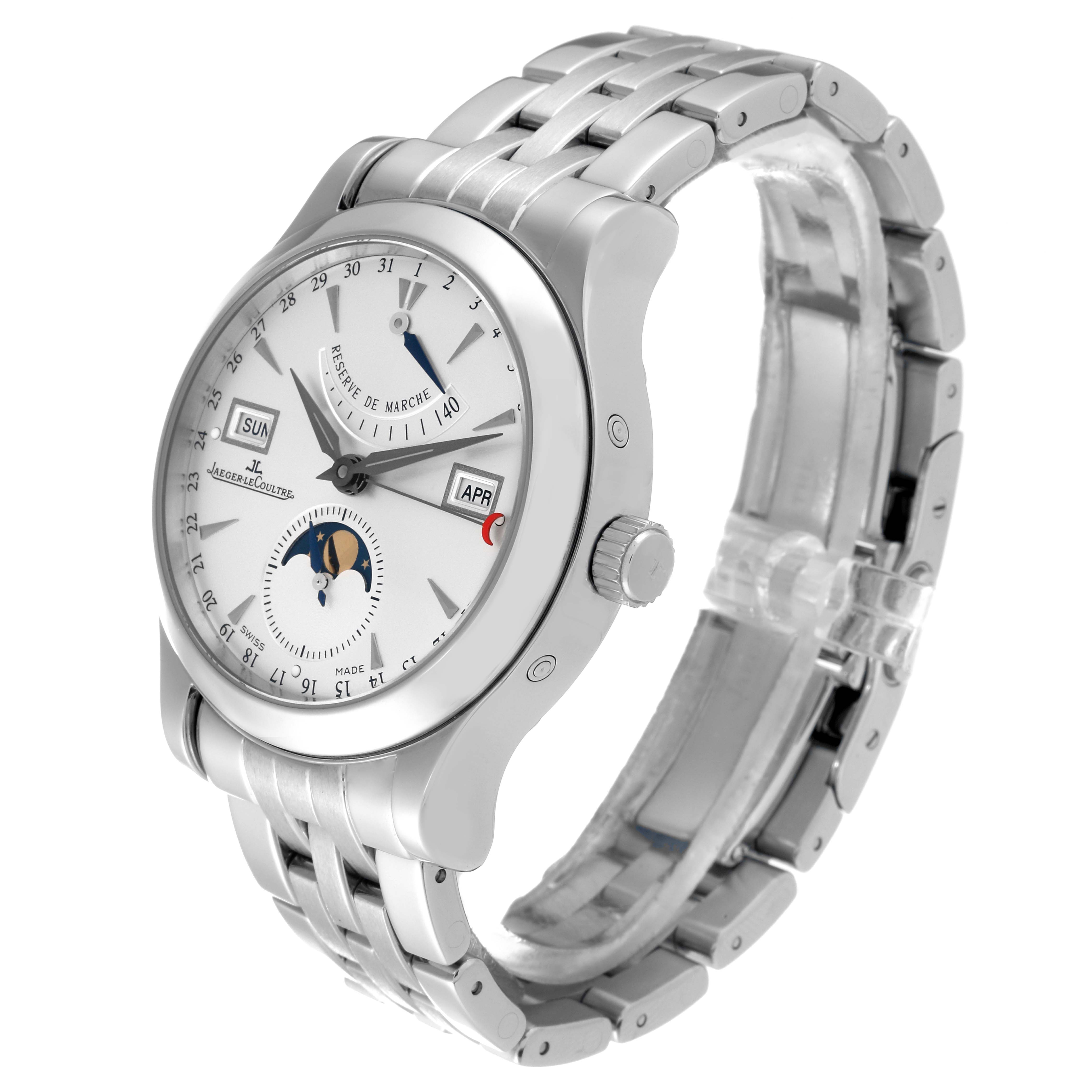 The Jaeger-LeCoultre Master model watch is shown at a slight angle from above, displaying its dial, case, and bracelet.