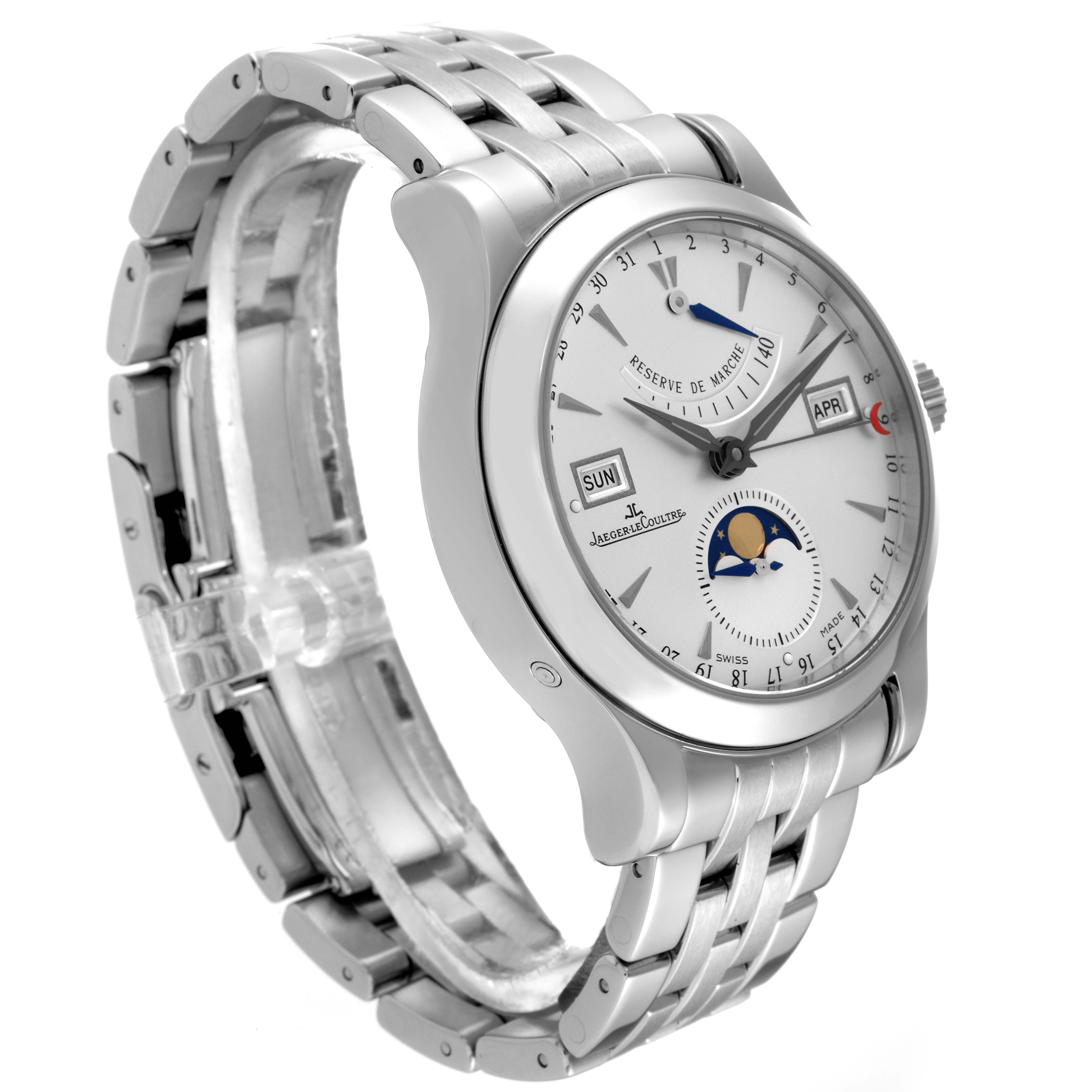 The image shows a Jaeger-LeCoultre Master model watch at an angle highlighting its face, side profile, and metal bracelet.