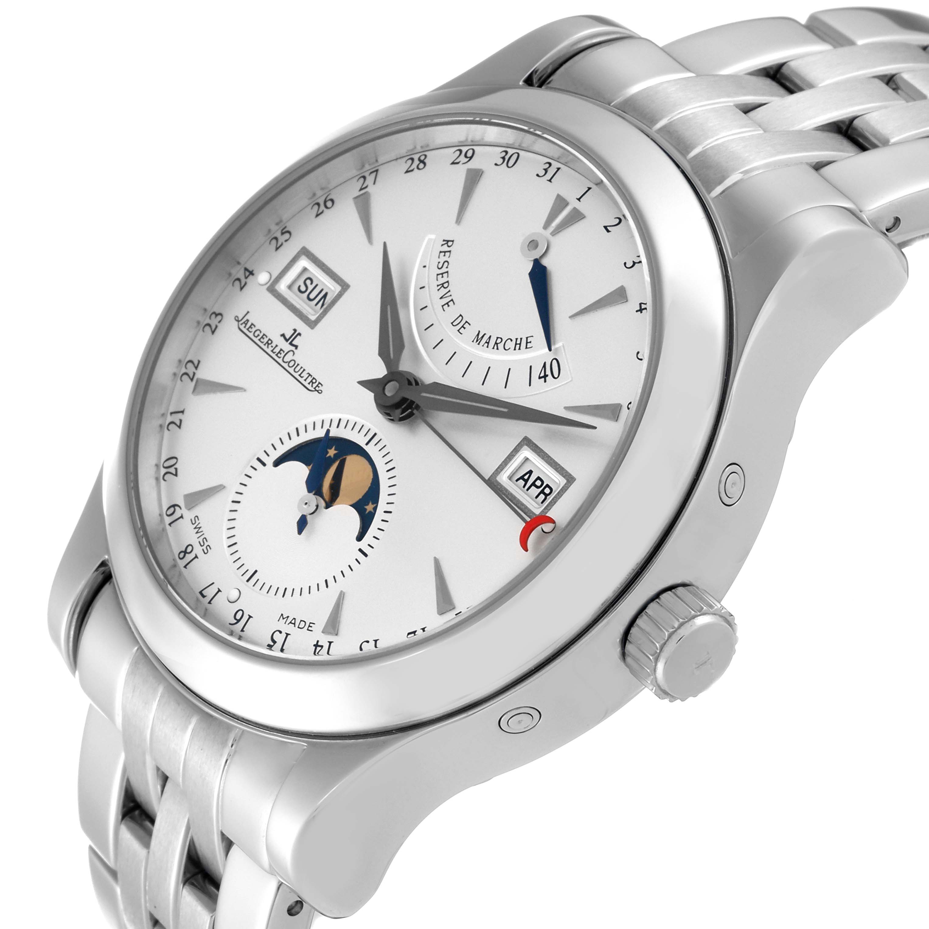 The Jaeger-LeCoultre Master model watch is shown at a three-quarter angle, displaying the face, dial, crown, and part of the bracelet.