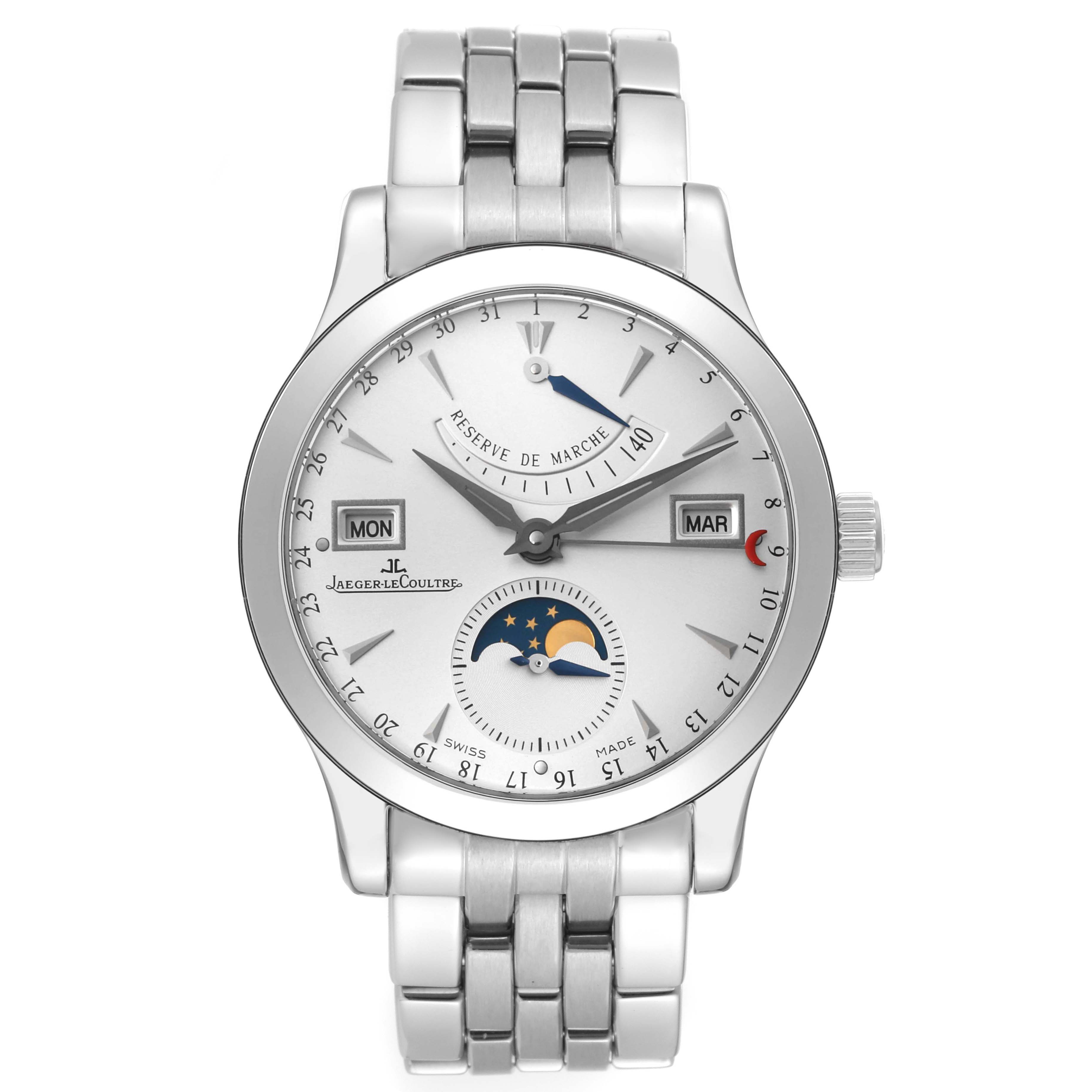The Jaeger LeCoultre Master Q151812A Men's Stainless Steel Silver Dial Q151812A Men's Stainless Steel Silver Dial model watch is shown from a front angle, displaying its dial, white face, date windows, and metal bracelet.