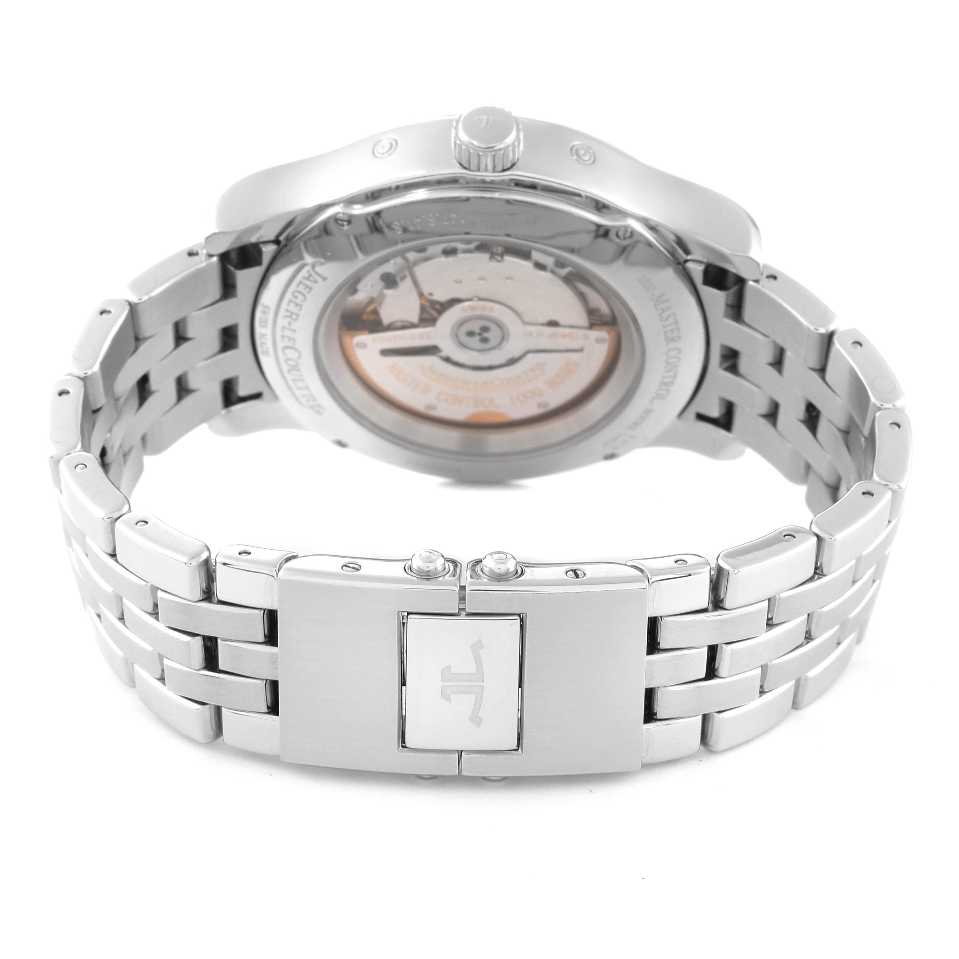 The image shows the back and bracelet of a Jaeger-LeCoultre Master model watch, highlighting the clasp and exhibition case back.