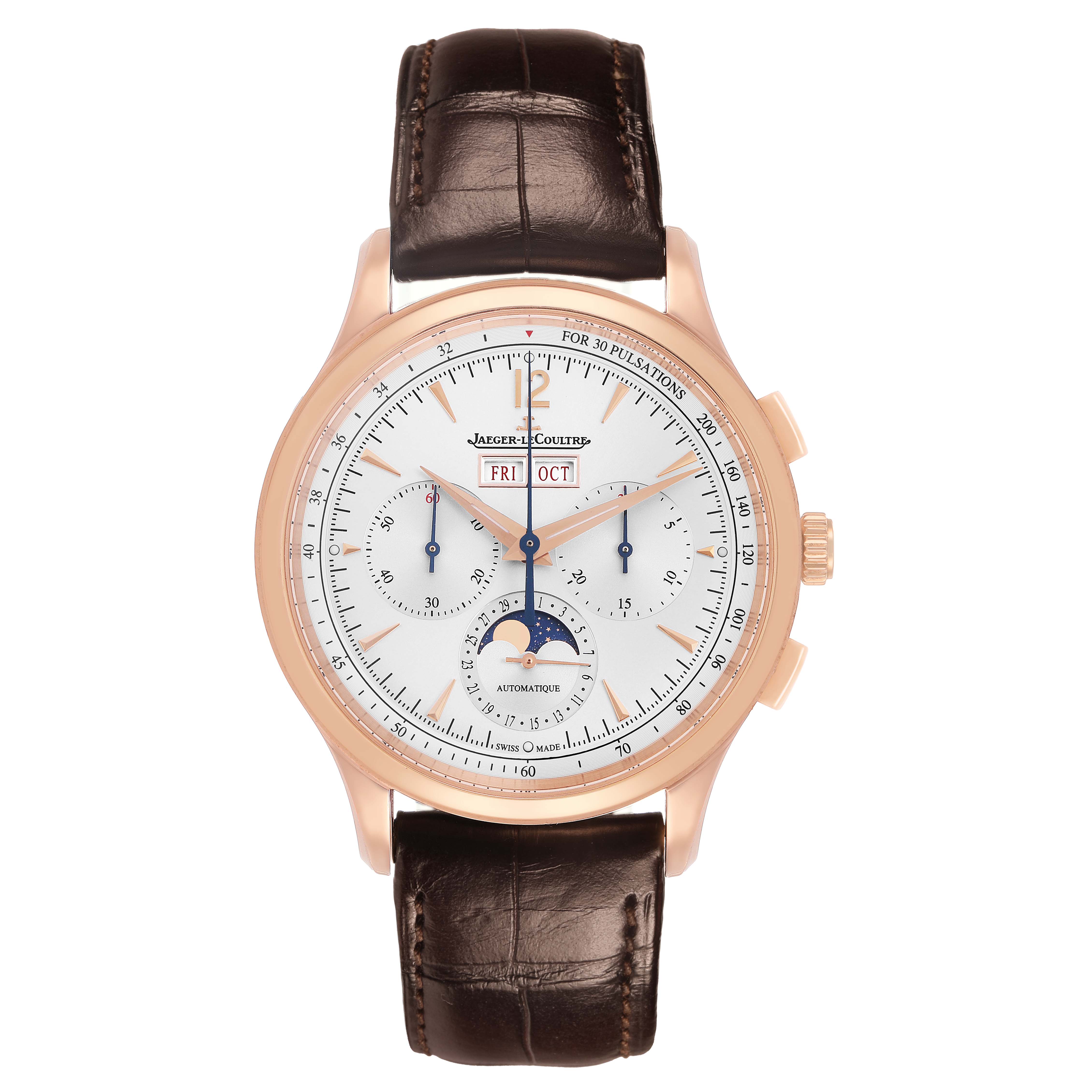 The Jaeger LeCoultre Master Q4132520 Men's Rose Gold Silver Dial model watch is shown from a front angle, highlighting its dial, case, and leather strap.