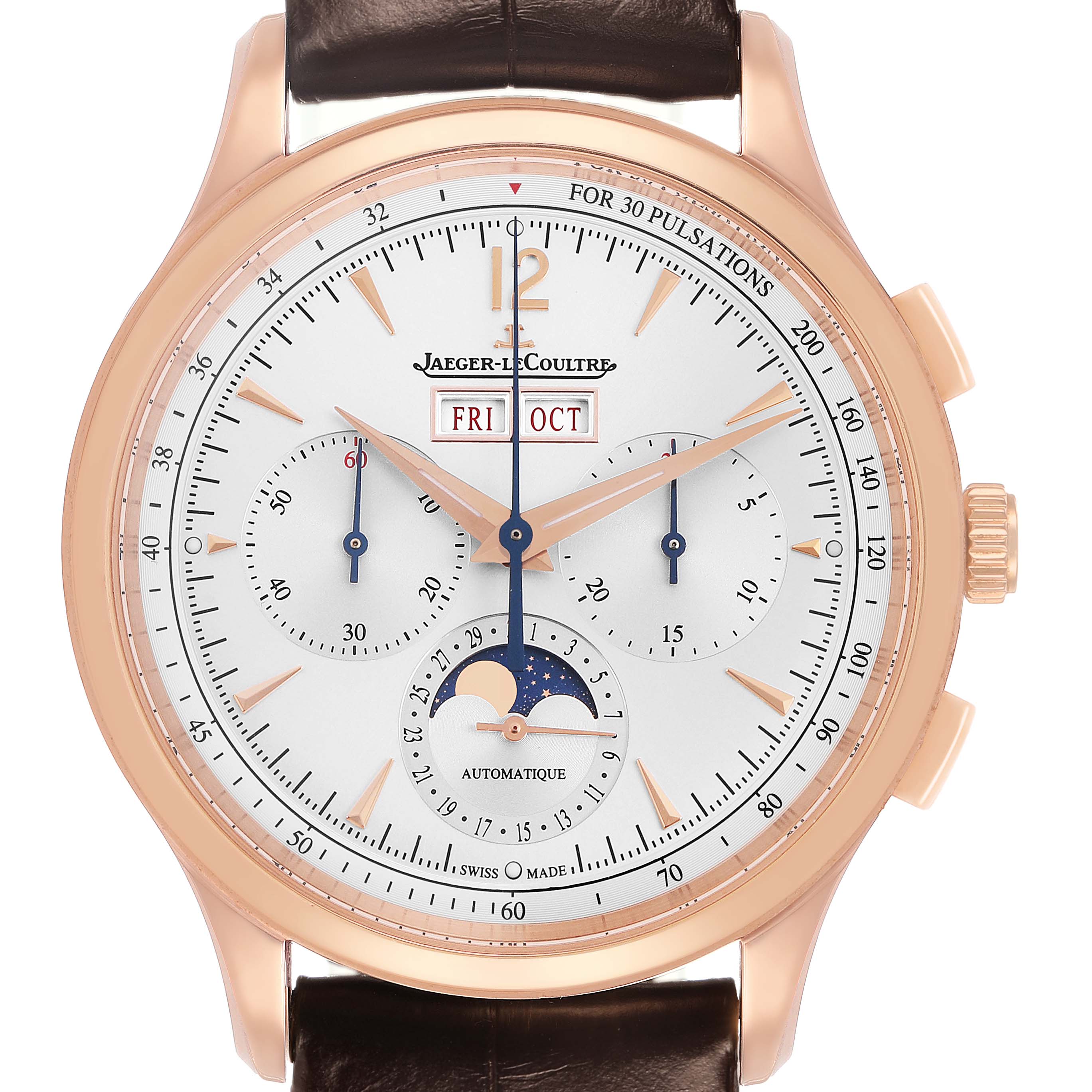 The image shows a Jaeger LeCoultre Master Q4132520 Men's Rose Gold Silver Dial model watch from the front, highlighting the dial with subdials, a moon phase, and date indicators.