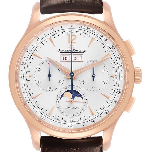 The Jaeger LeCoultre Master Q4132520 Men's Rose Gold Silver Dial watch is shown from the front, displaying its dial with chronograph subdials, moon phase, and date indicators.