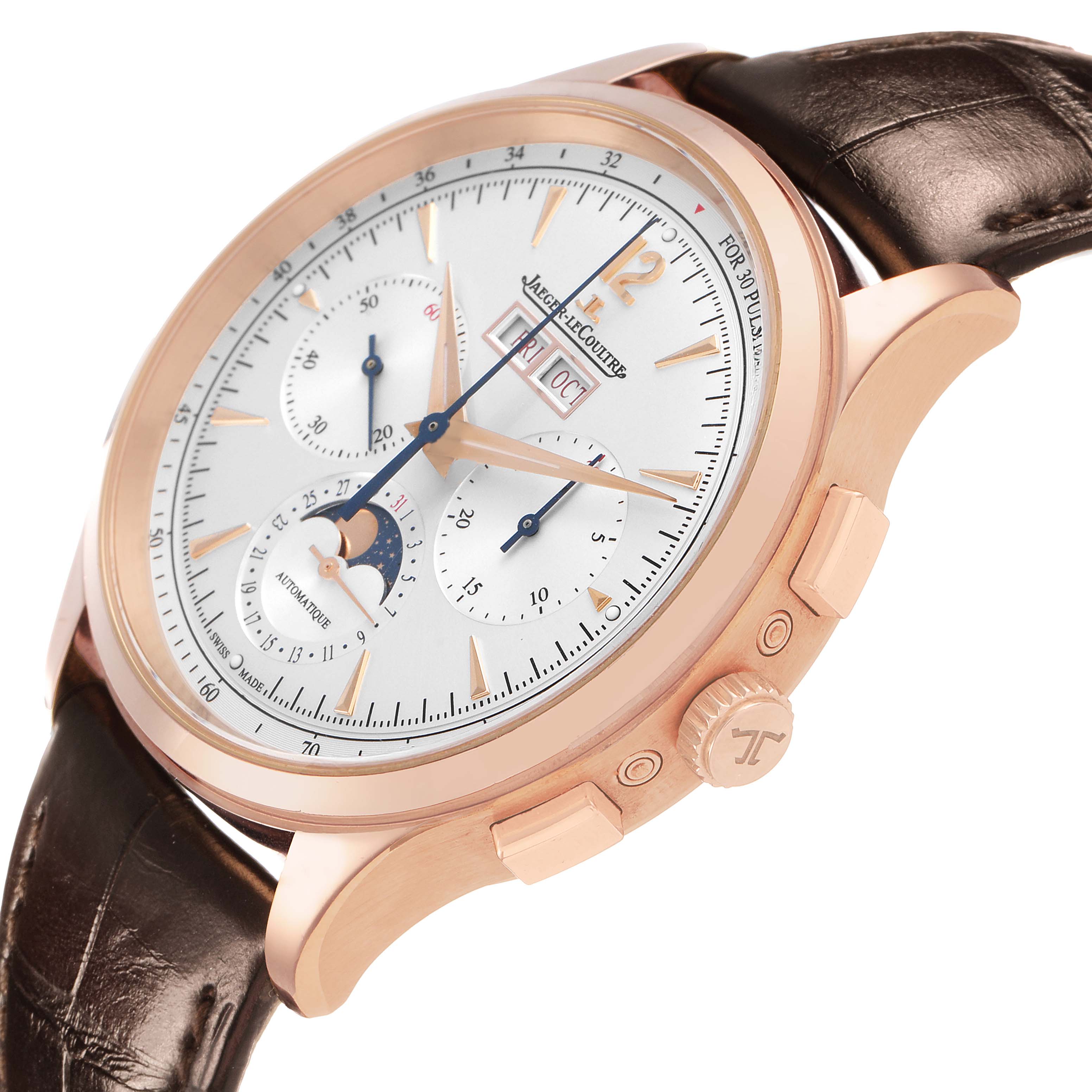 The Jaeger LeCoultre Master Q4132520 Men's Rose Gold Silver Dial watch is shown at a slight angle, highlighting the case, crown, pushers, and dial details.