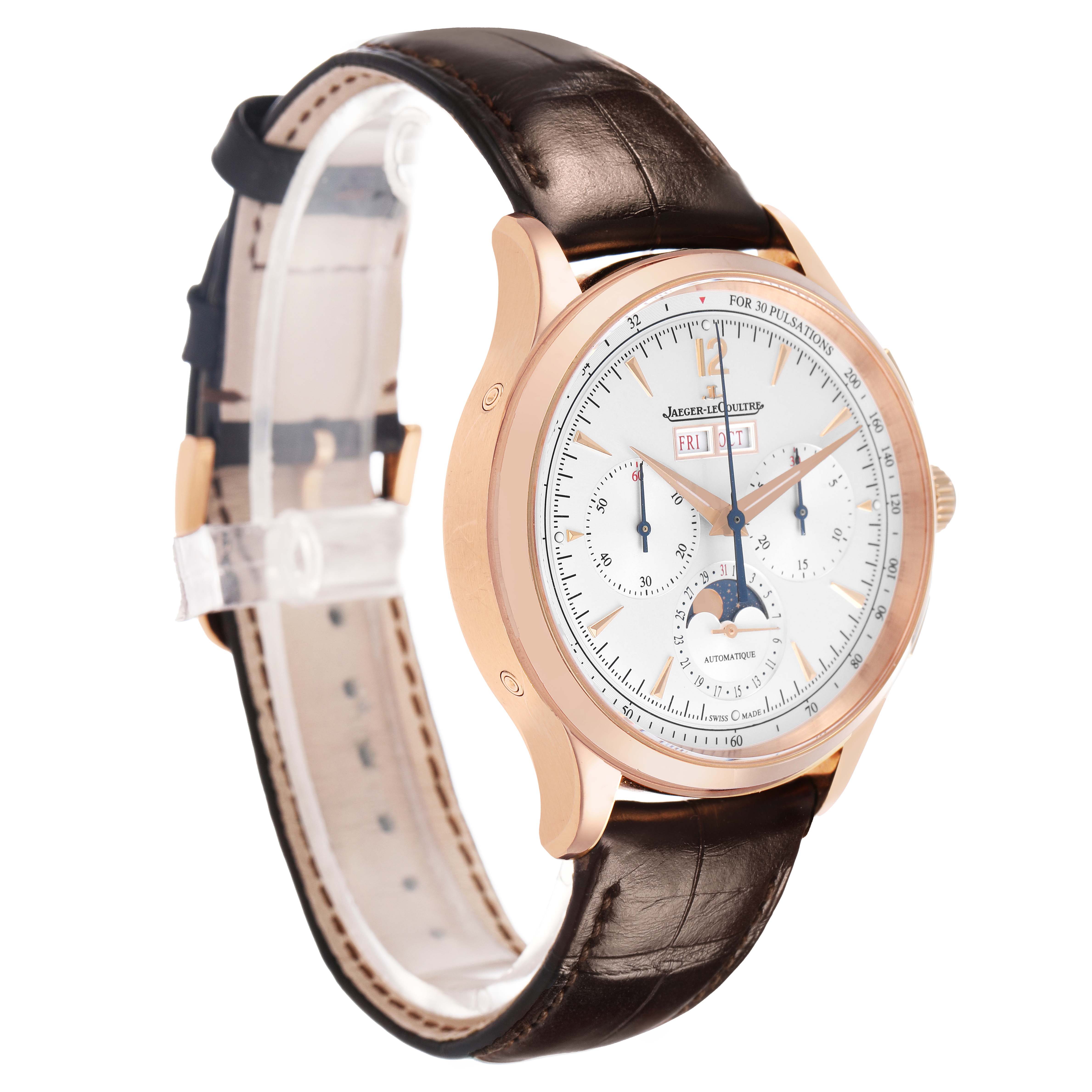 The Jaeger LeCoultre Master Q4132520 Men's Rose Gold Silver Dial model is shown at a three-quarter angle, highlighting the watch face, crown, and leather strap.