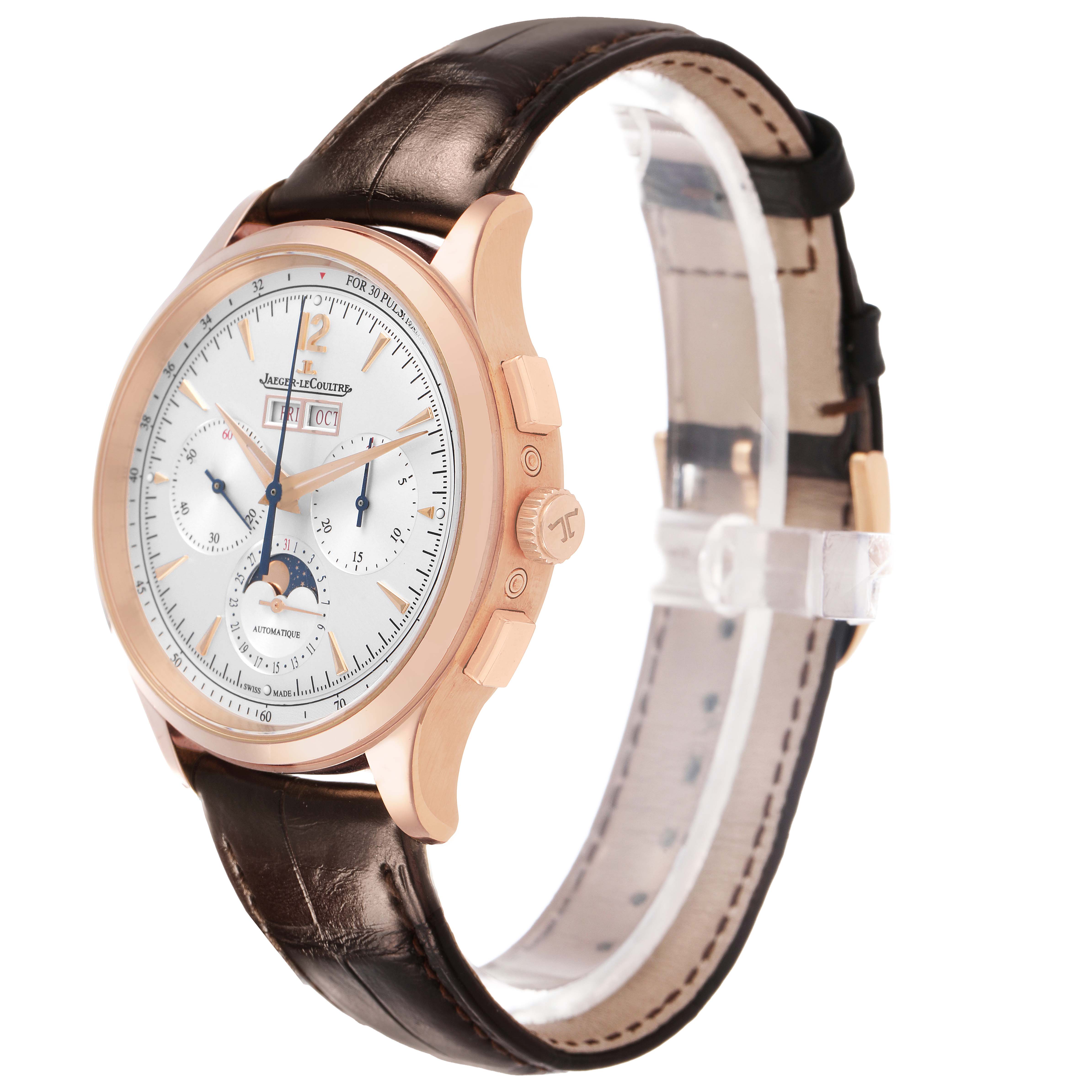 The Jaeger LeCoultre Master Q4132520 Men's Rose Gold Silver Dial watch is shown at a three-quarter angle, highlighting its face, crown, and dark leather strap.